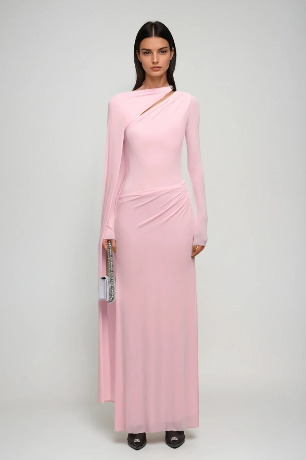 Pink Cutout Shawl Maxi Dress - Elegant Formal Wear
