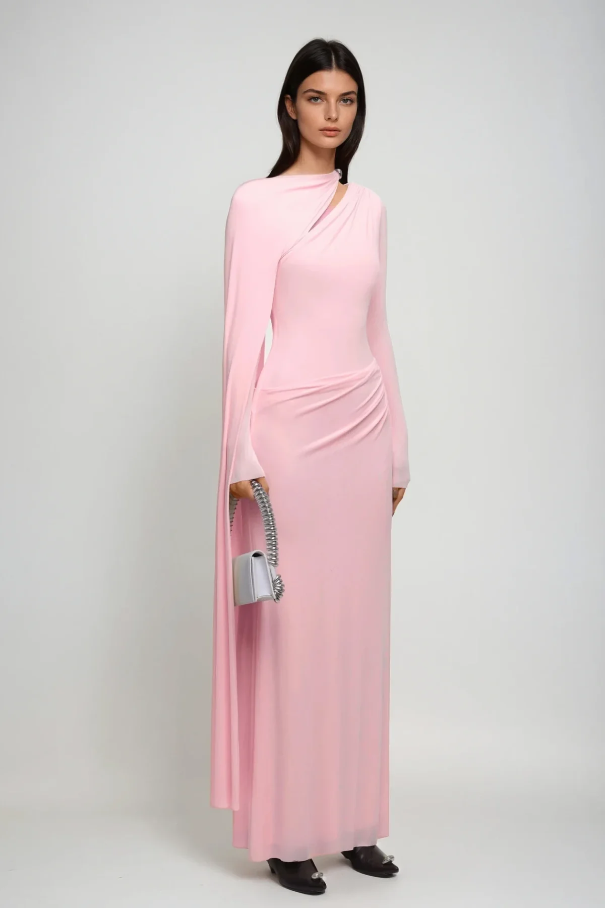 Pink Cutout Shawl Maxi Dress - Elegant Formal Wear