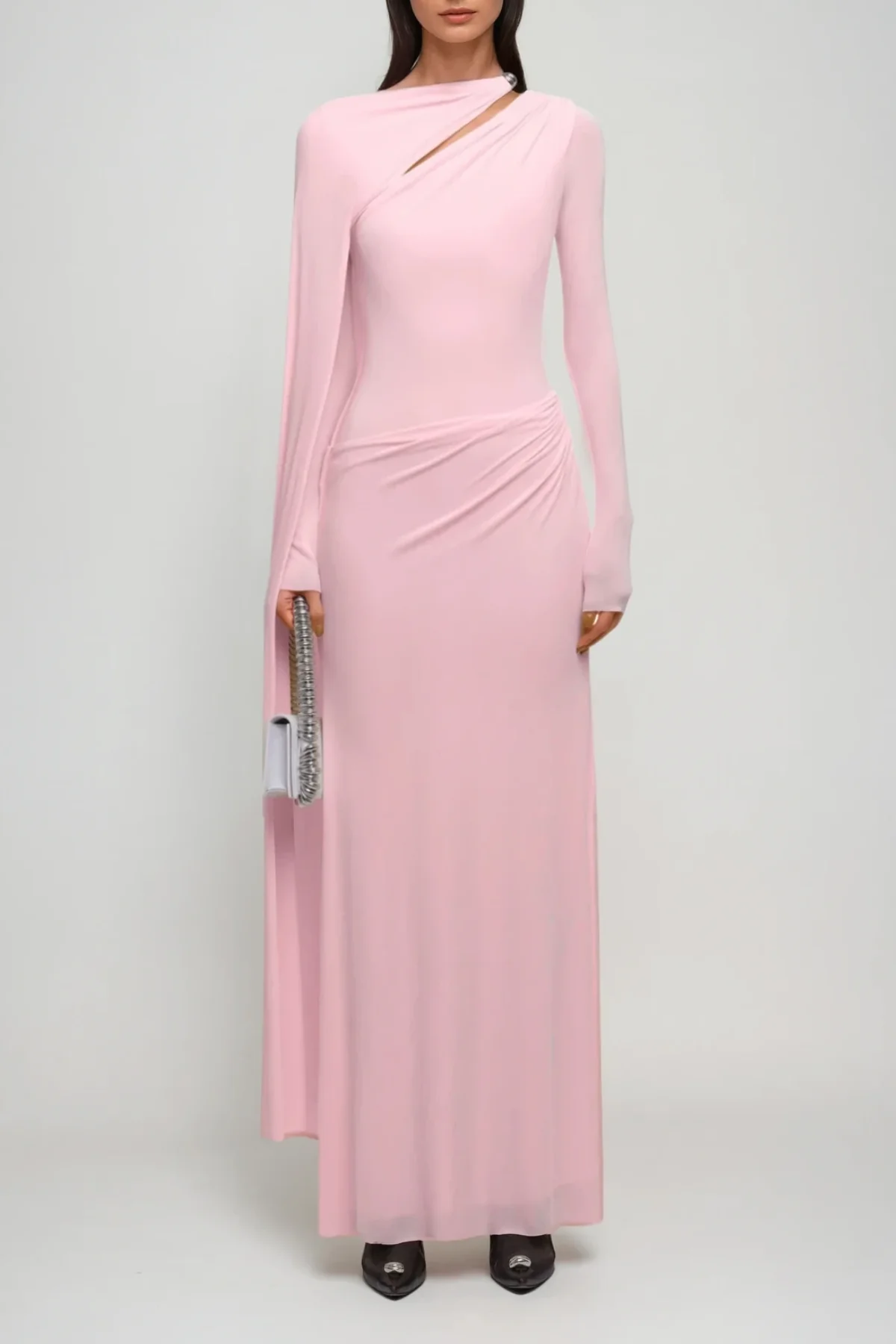 Pink Cutout Shawl Maxi Dress - Elegant Formal Wear
