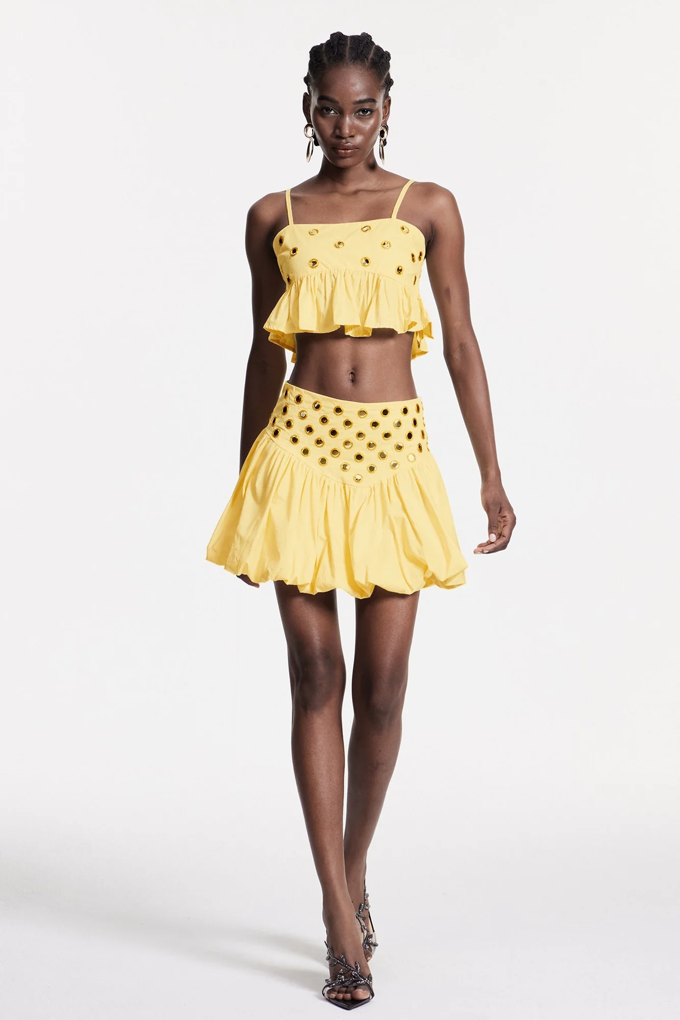 Yellow Embellished Ruched Skirt Set - Elegant Fashion Ensemble