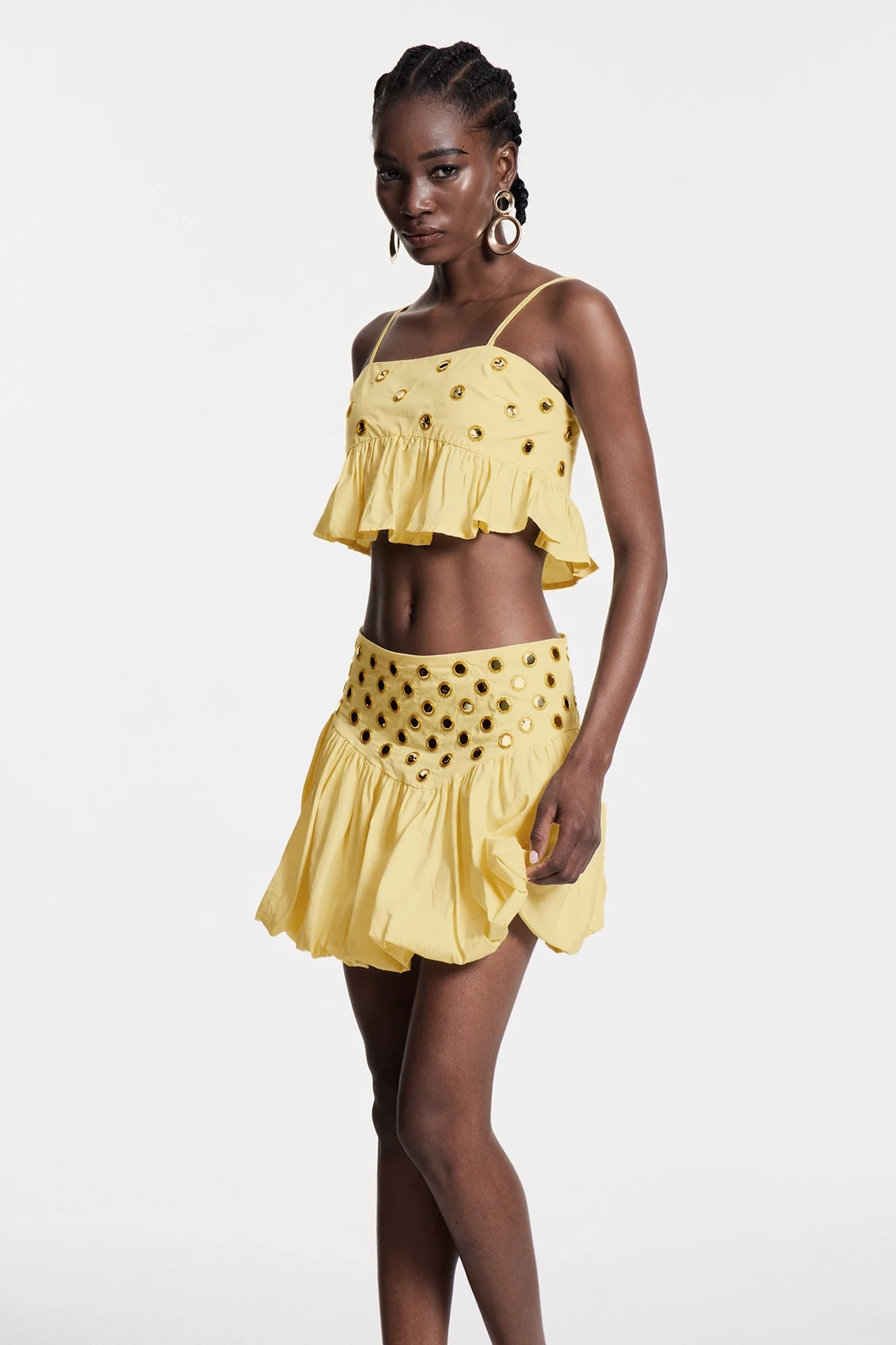Yellow Embellished Ruched Skirt Set - Elegant Fashion Ensemble