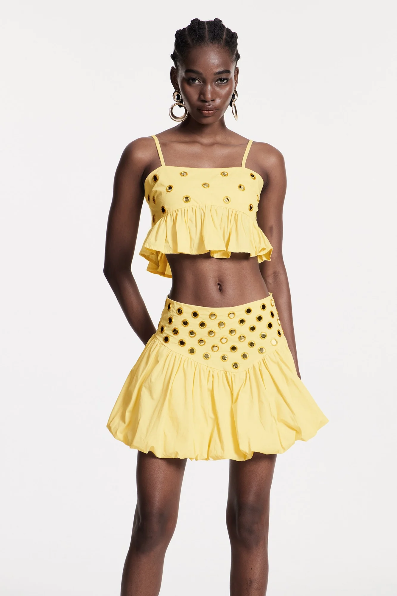 Yellow Embellished Ruched Skirt Set - Elegant Fashion Ensemble
