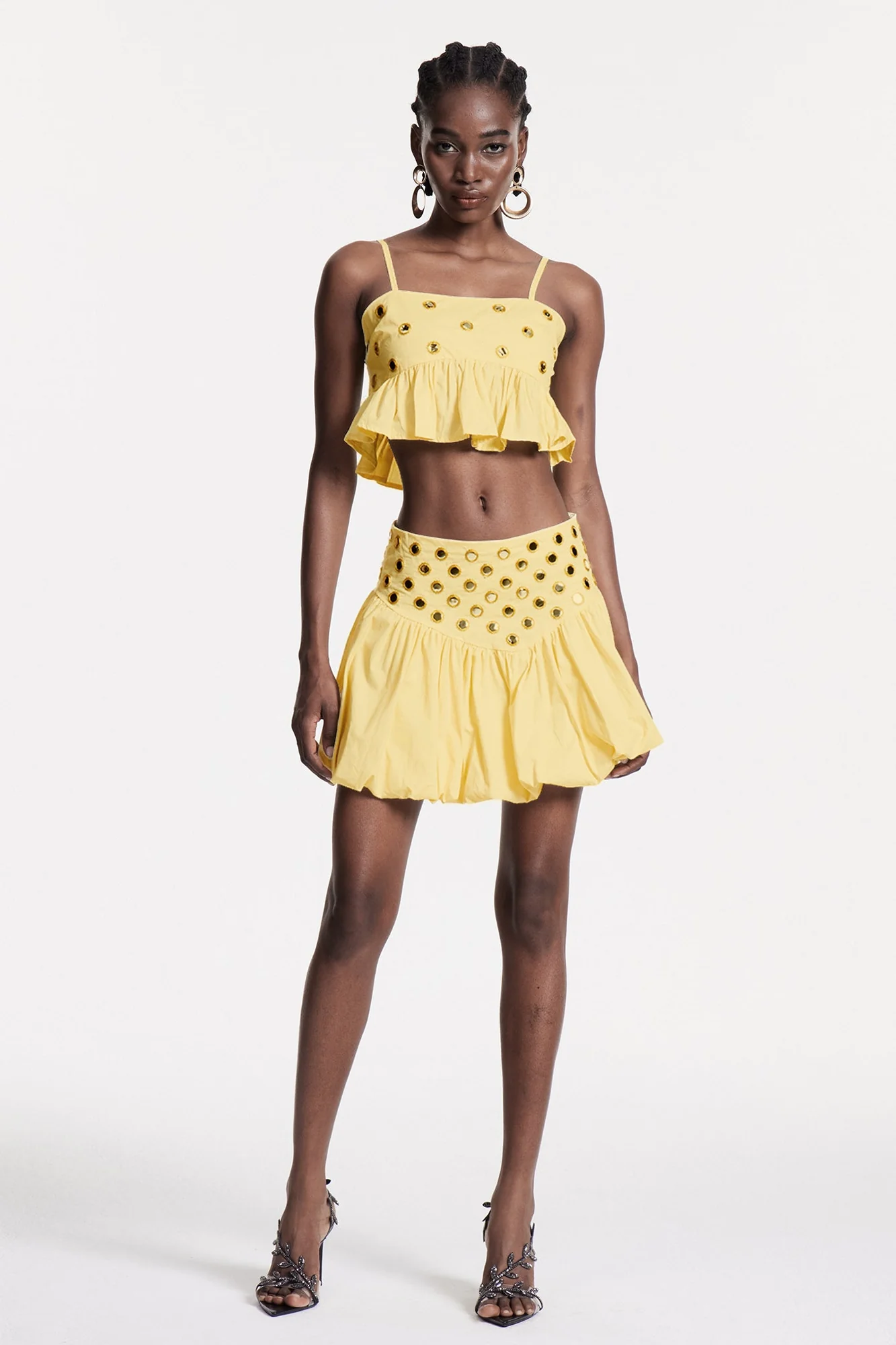 Yellow Embellished Ruched Skirt Set - Elegant Fashion Ensemble