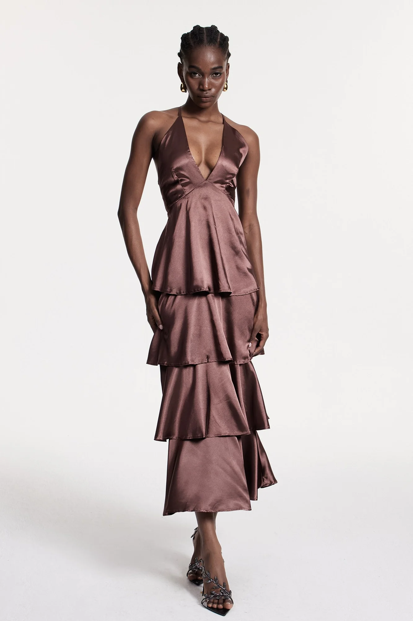 Red Satin Backless Maxi Dress with Ruffle Detailing