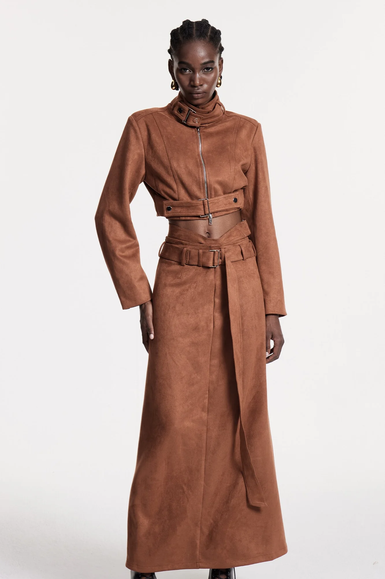 Brown Suede Cutout Skirt Set