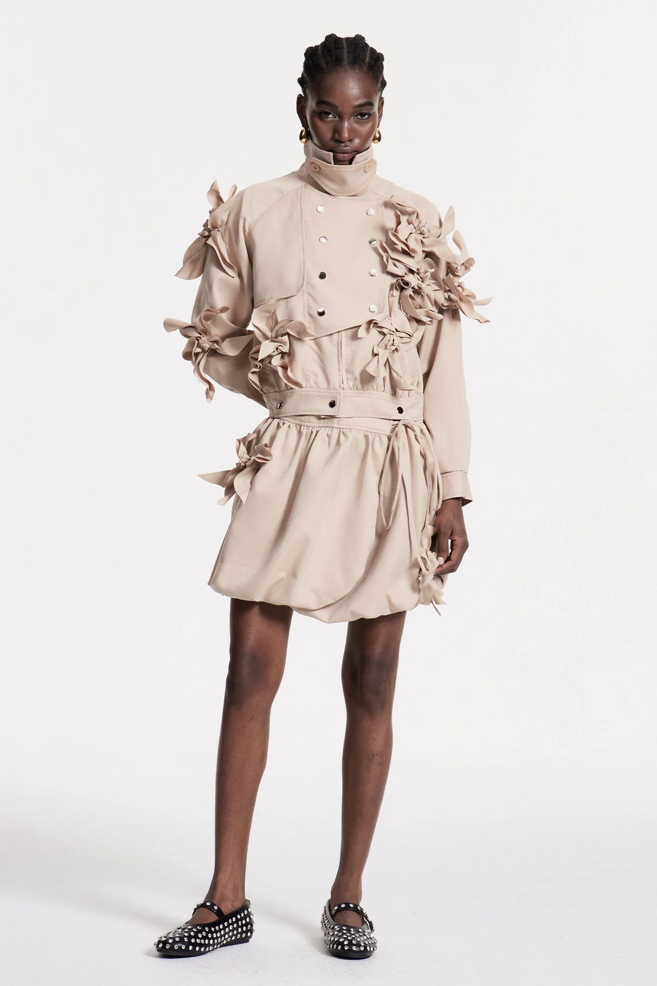 Floral Ruched Skirt Set in Beige, Chic Urban Style