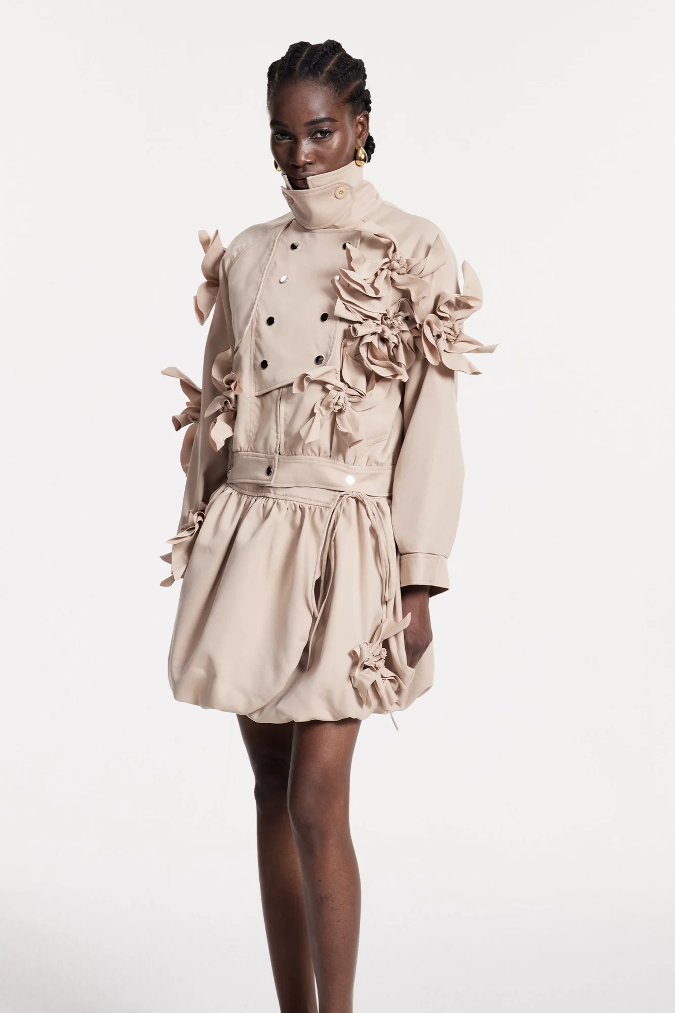 Floral Ruched Skirt Set in Beige, Chic Urban Style