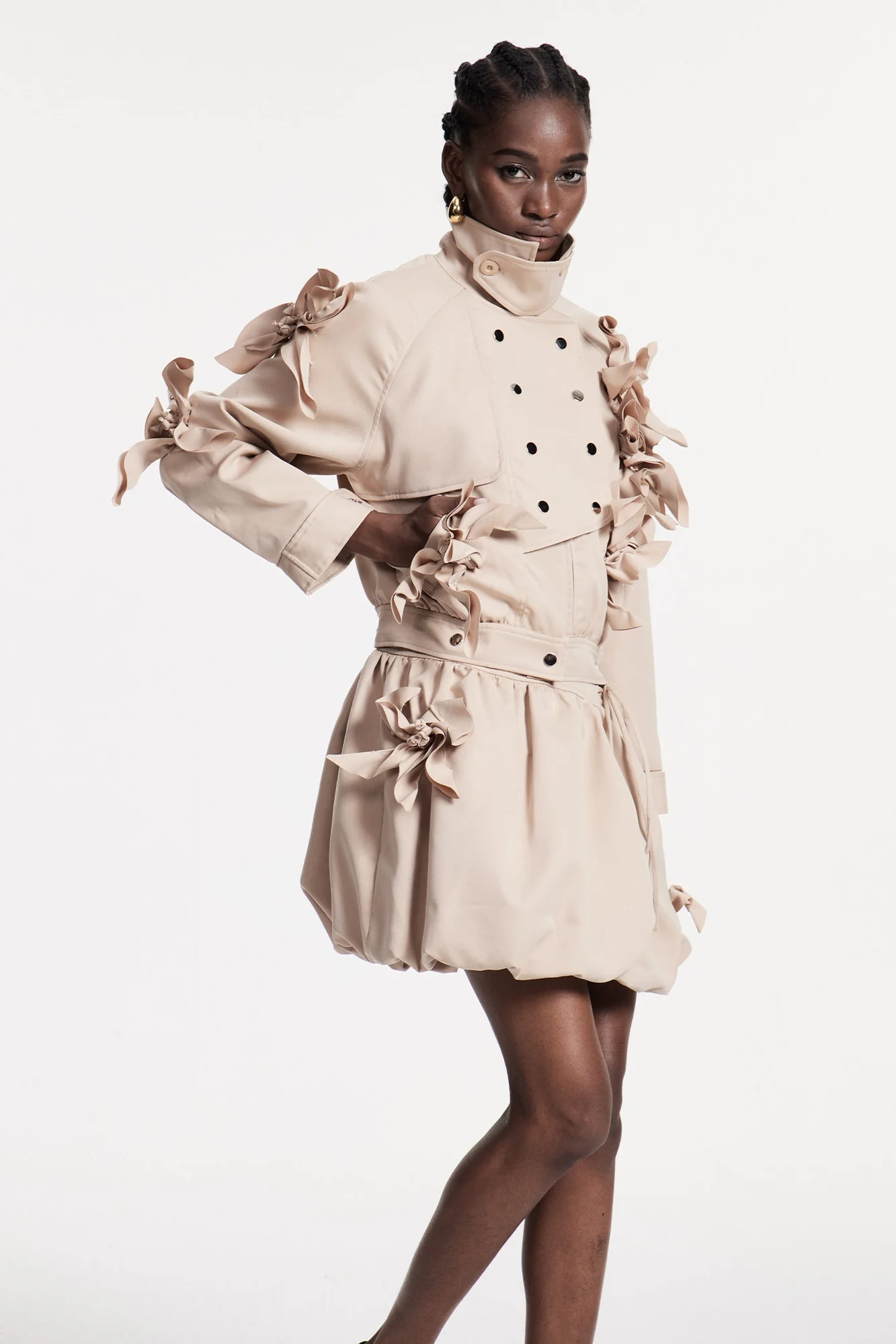 Floral Ruched Skirt Set in Beige, Chic Urban Style