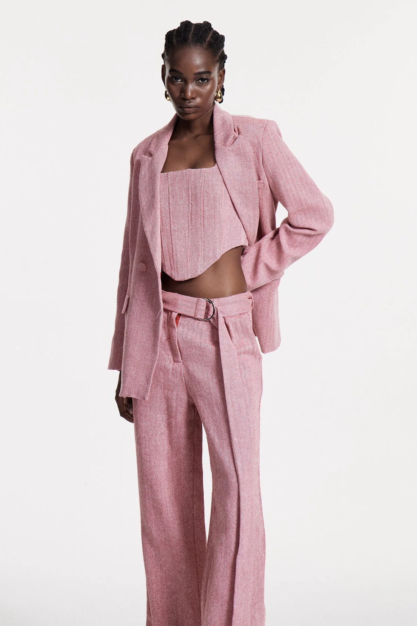 Pink Strapless Lapel Three-Piece Pants Set