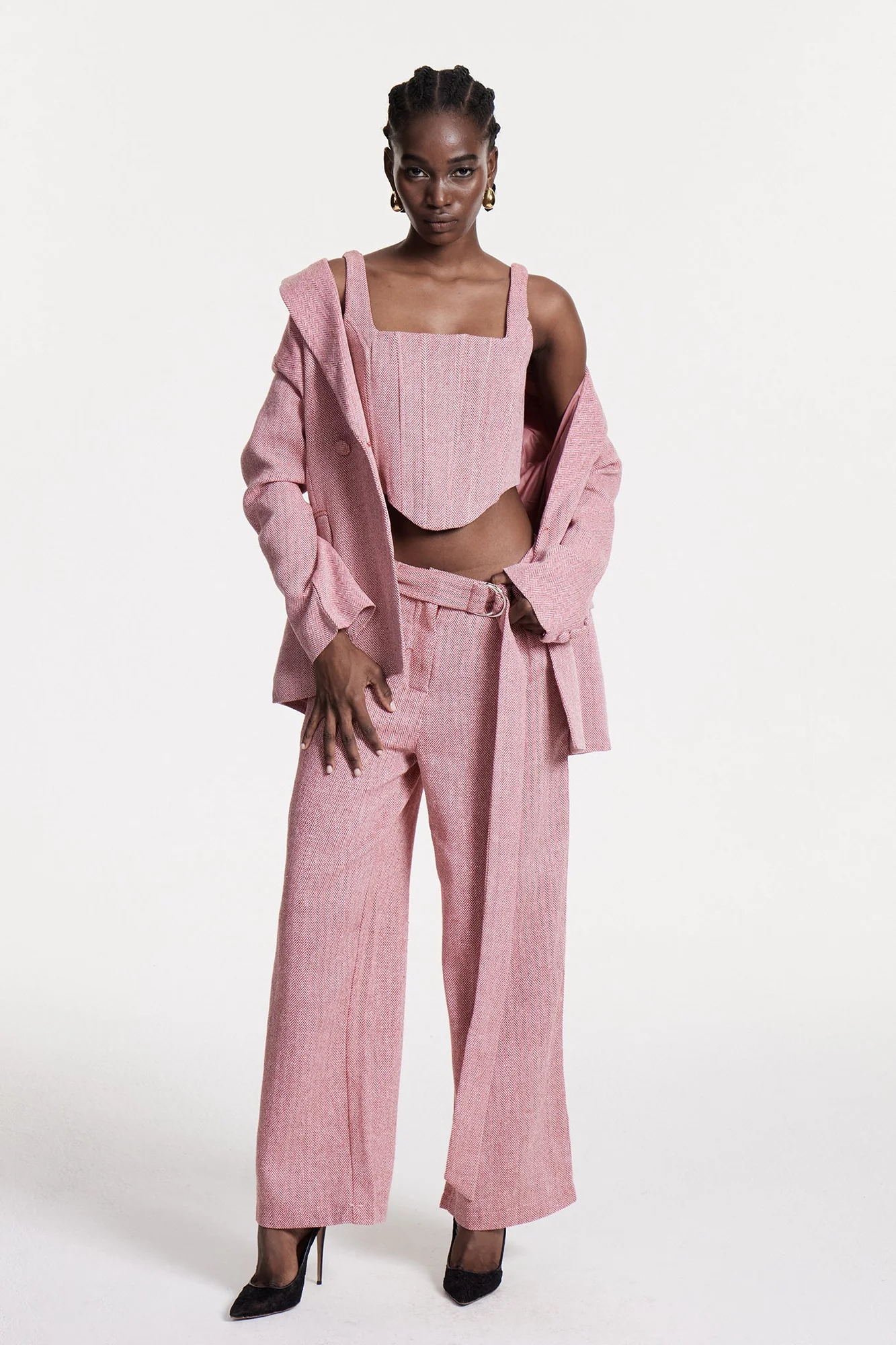 Pink Strapless Lapel Three-Piece Pants Set