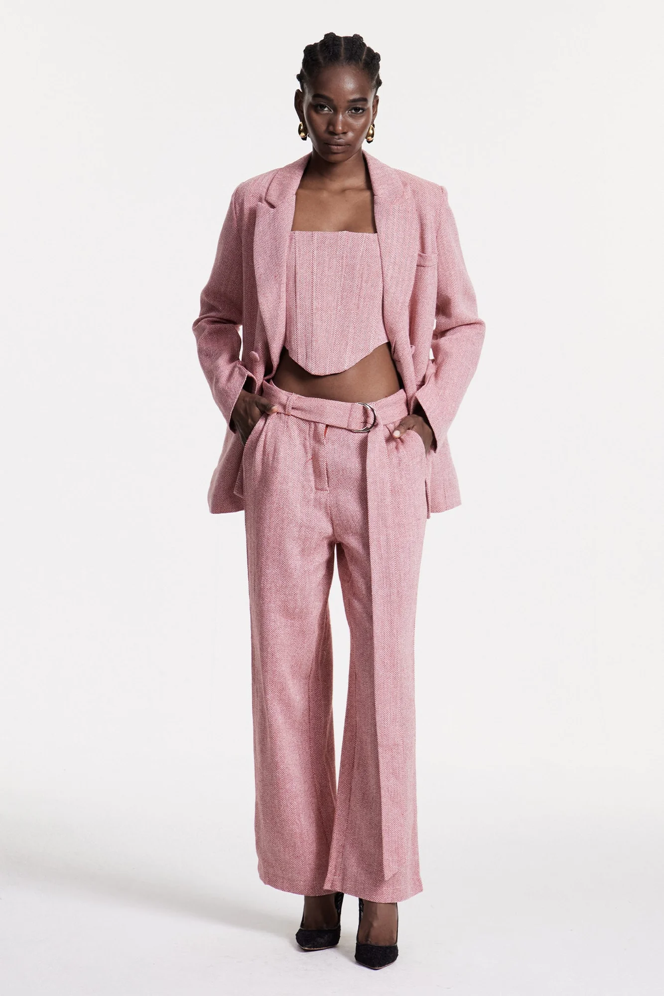 Pink Strapless Lapel Three-Piece Pants Set