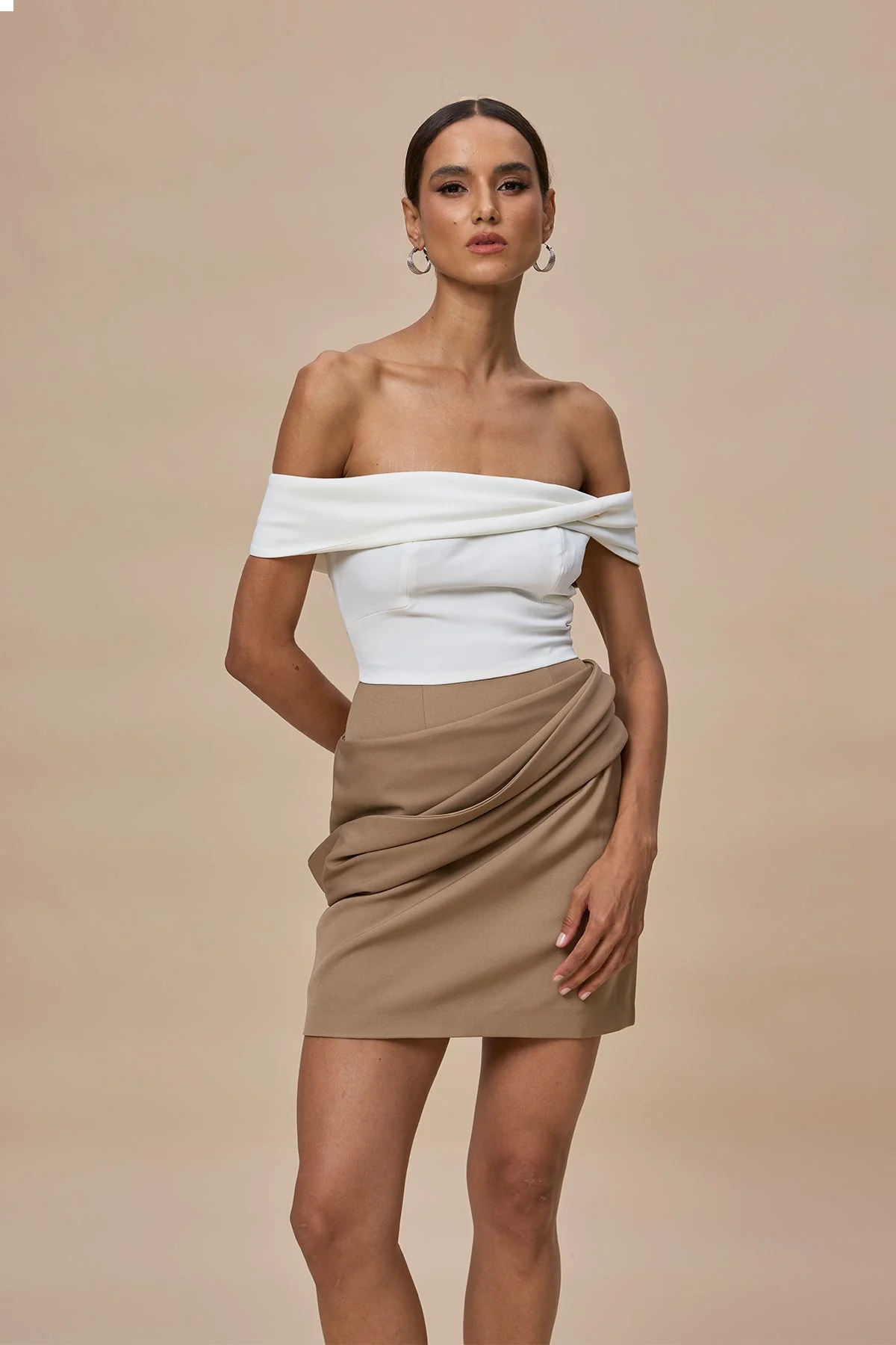 Khaki Ruched Off-Shoulder Mini Dress