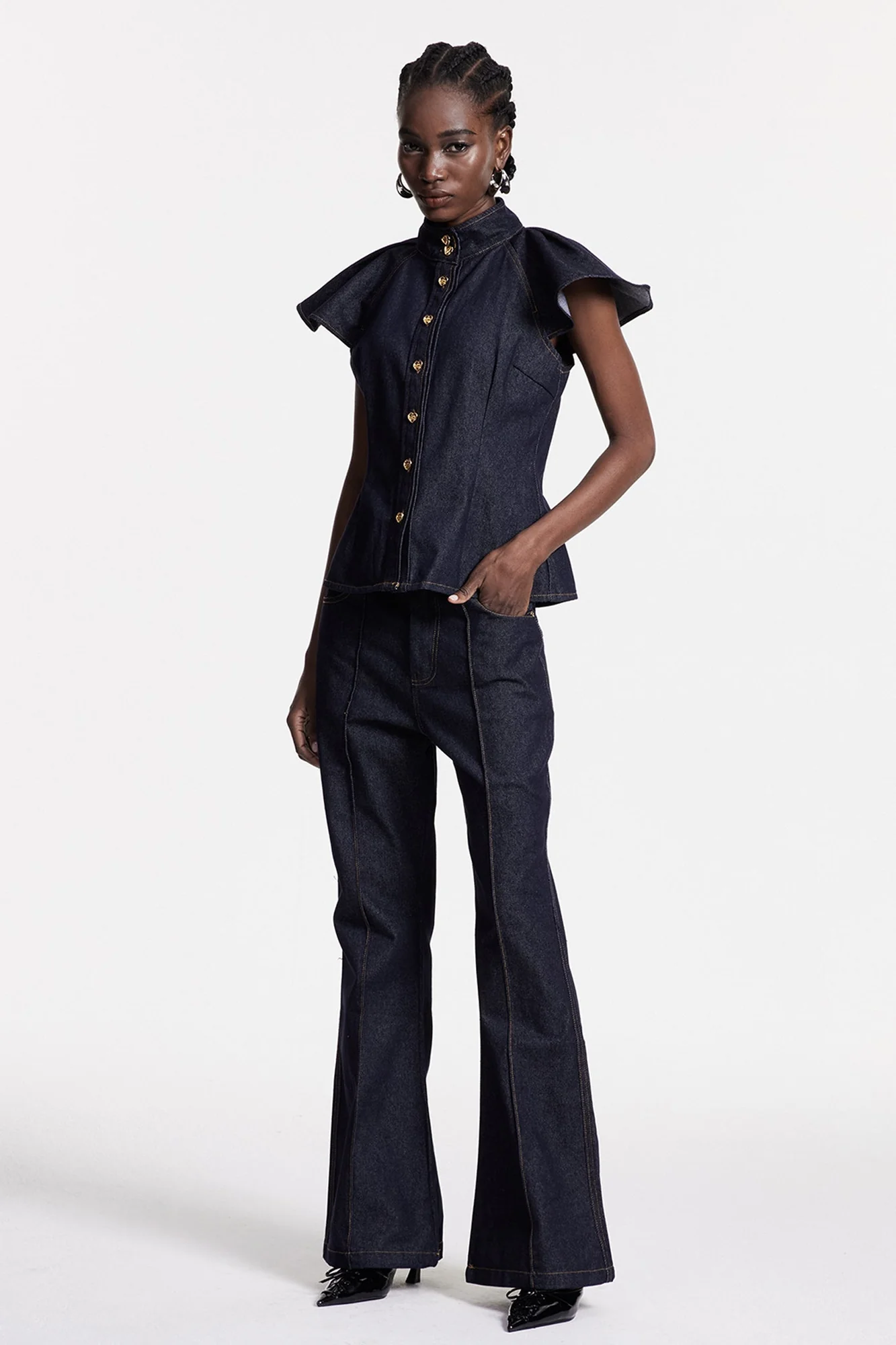 Ruffle Denim Pants Set Black Urban Edge