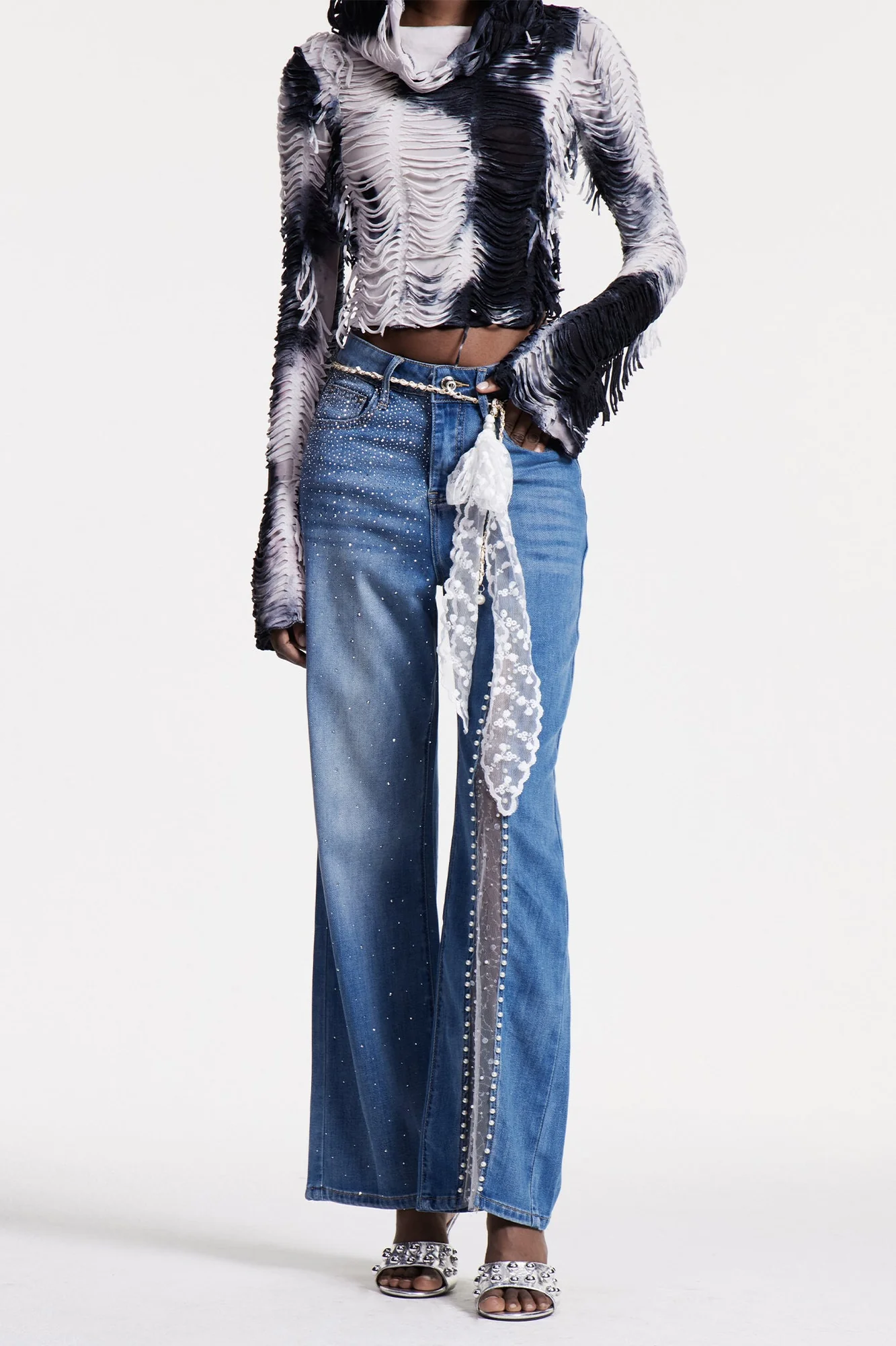 Pearl Rhinestone Embellished Mesh Jeans - Luxury Streetwear Style