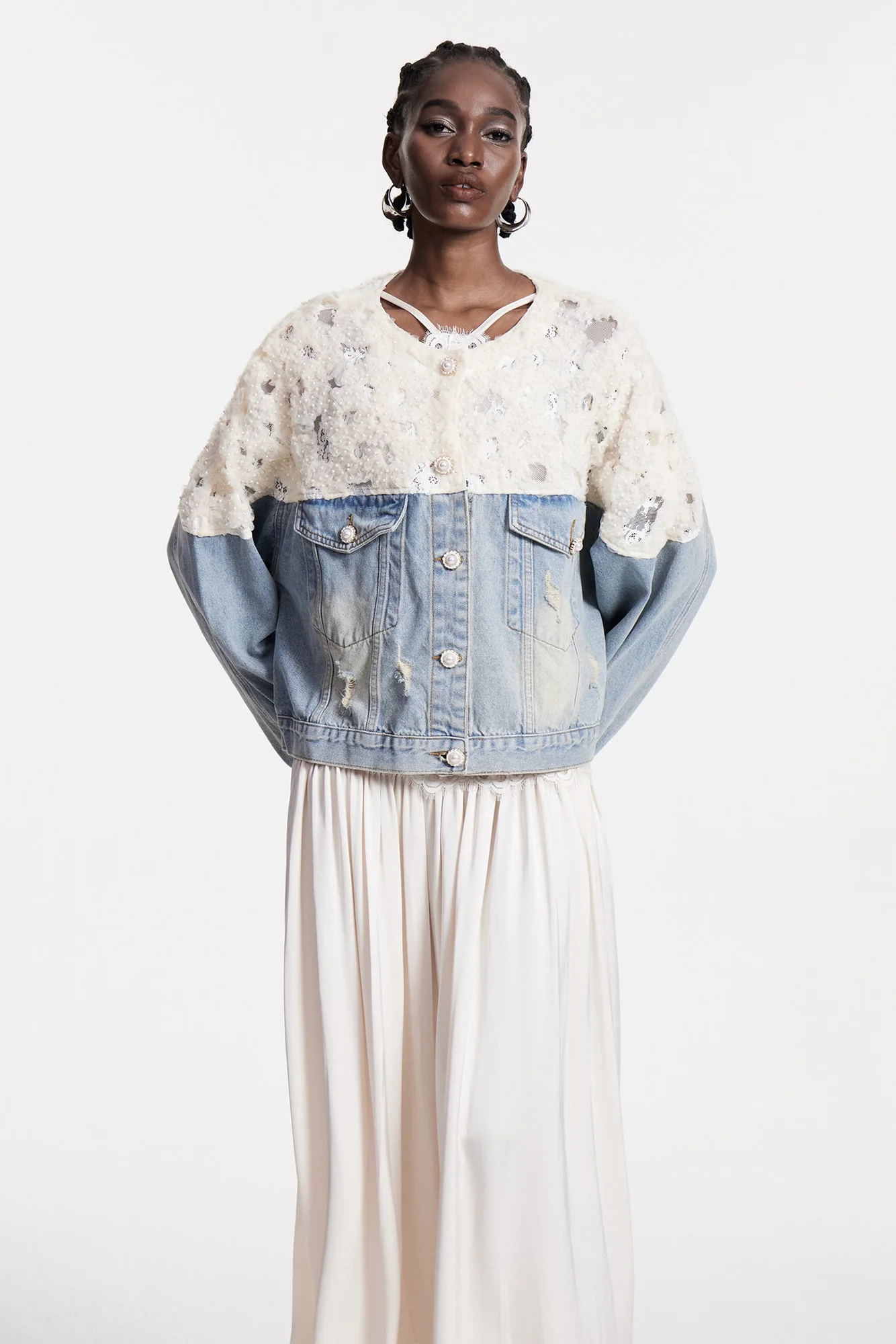 White Sequin Embellished Denim Jacket for Women