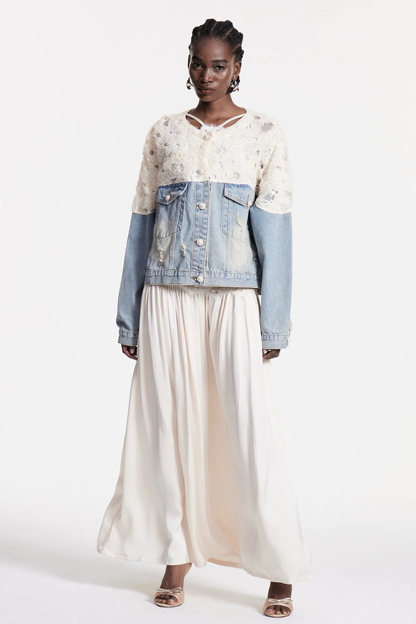 White Sequin Embellished Denim Jacket for Women
