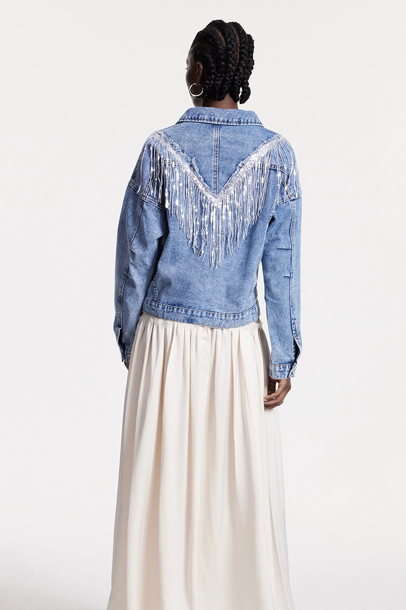 Sequin Fringe Denim Jacket in Blue | Urban Style