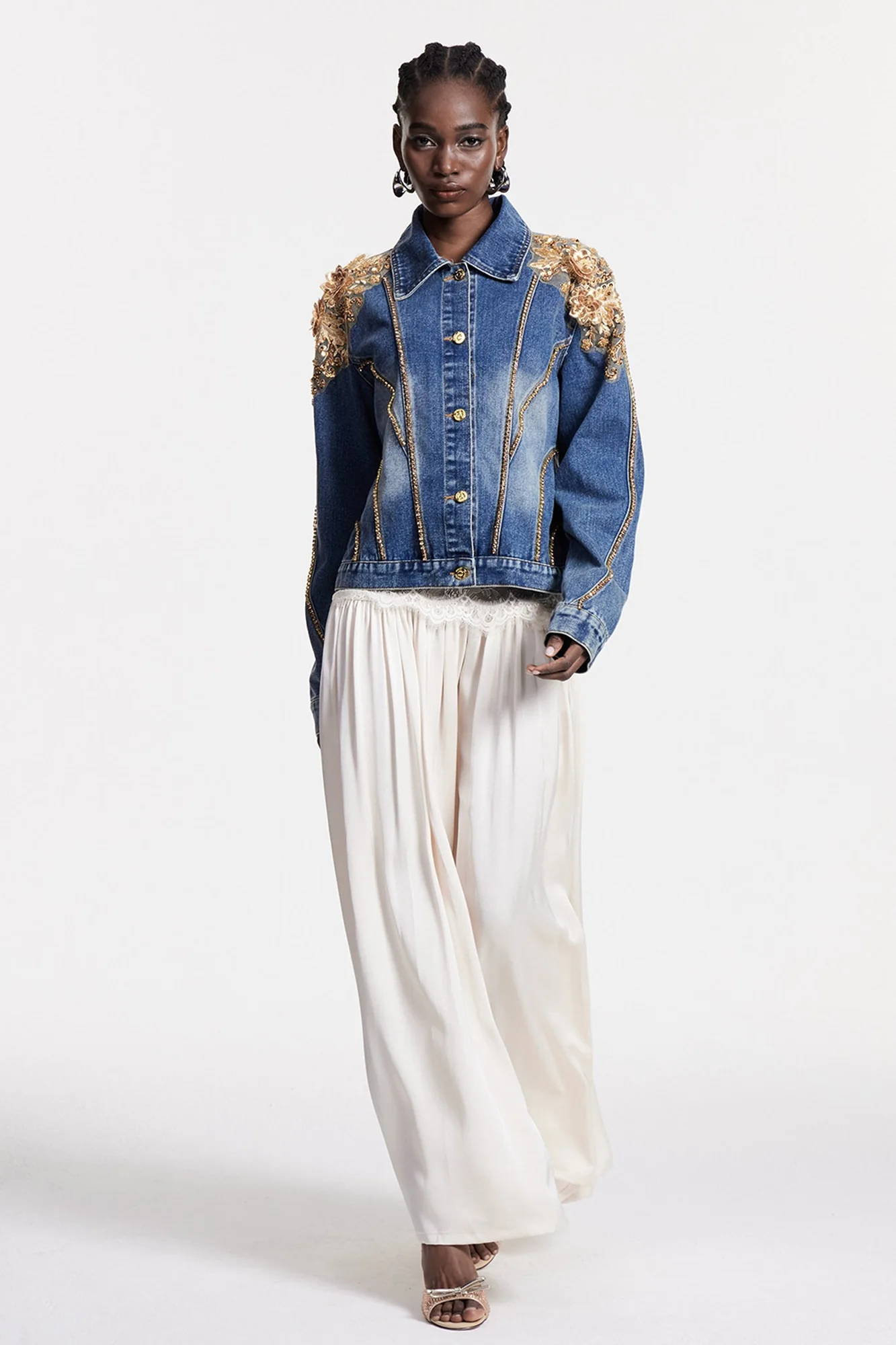 Embroidered Sequin Denim Jacket with Intricate Craftsmanship
