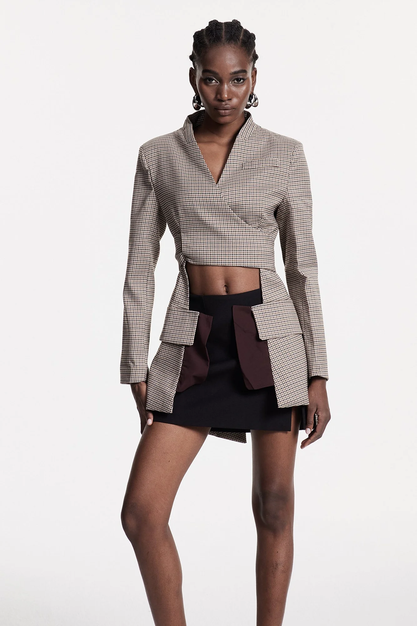 Modern Grid Pattern Cutout Blazer - Khaki