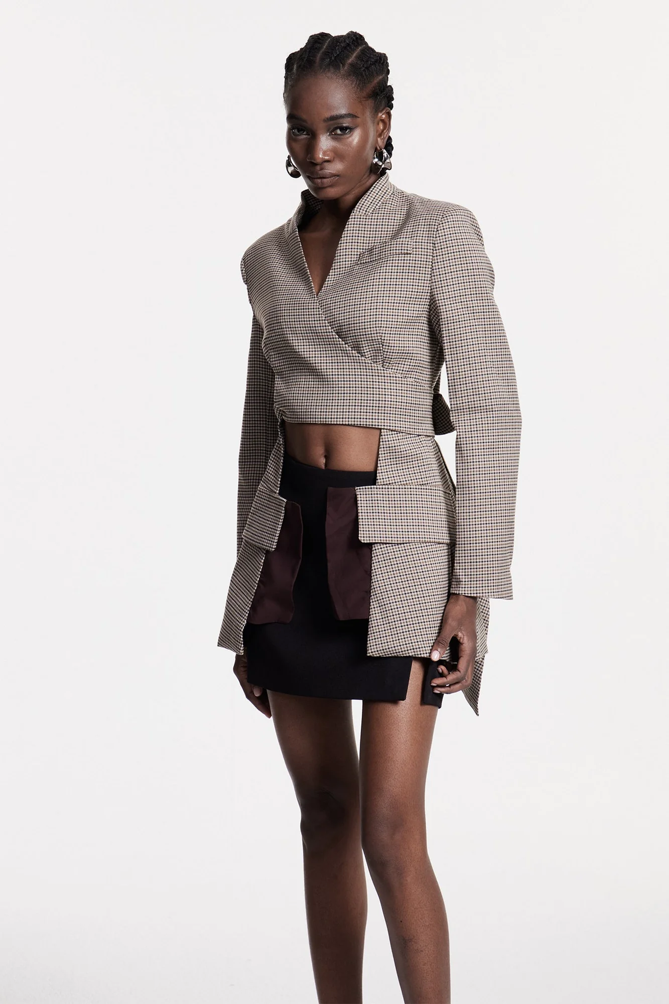 Modern Grid Pattern Cutout Blazer - Khaki
