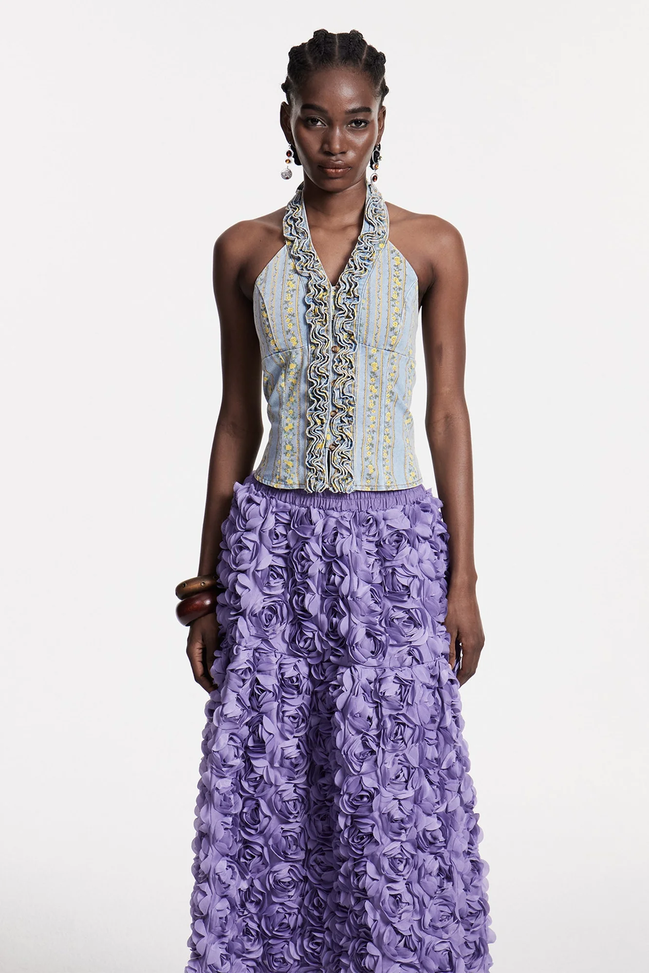 Feminine Ruffle Sleeveless Denim Top in Blue | Chlodovech Style