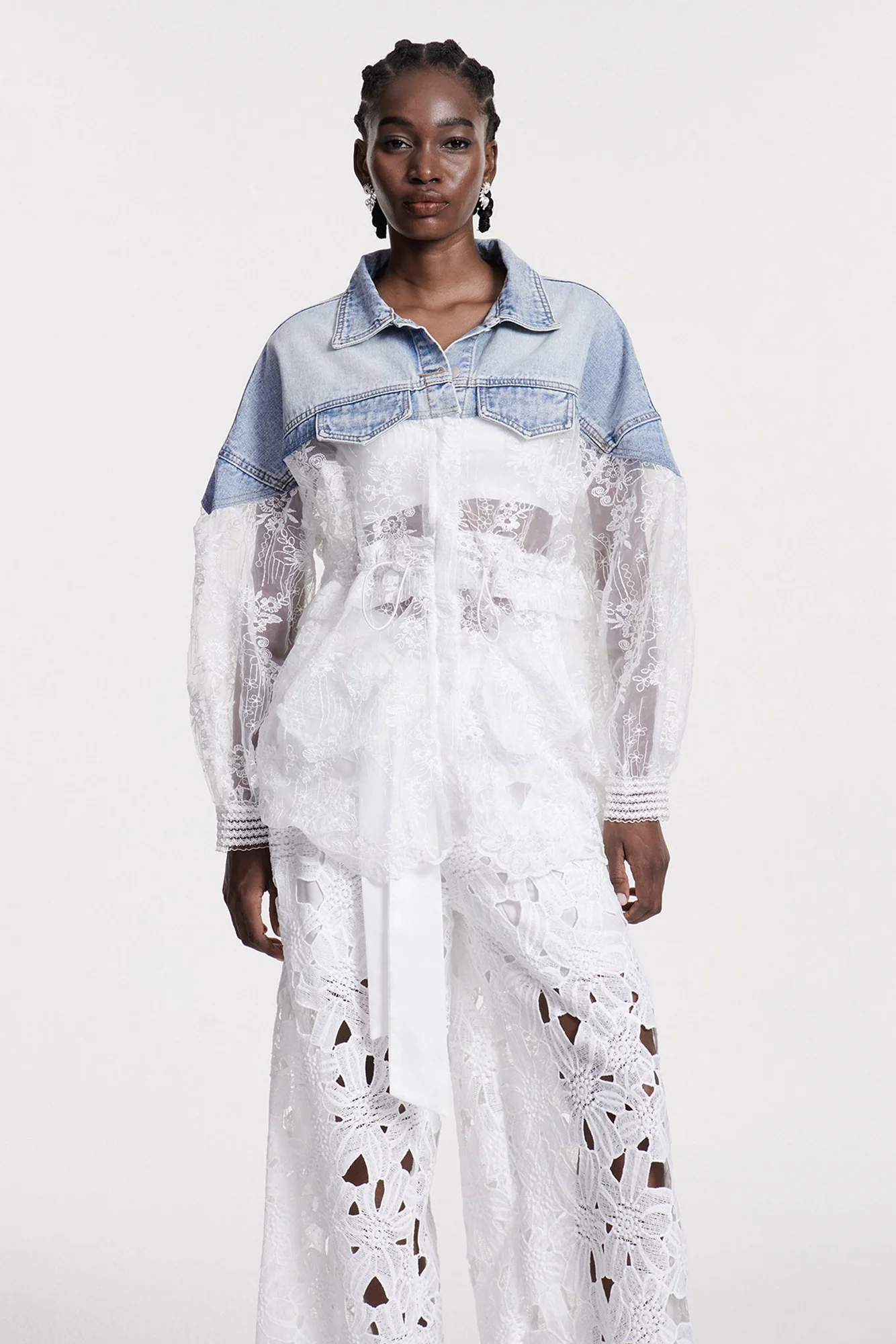 Lace Embroidered Denim Jacket - Stylish Blue Outerwear