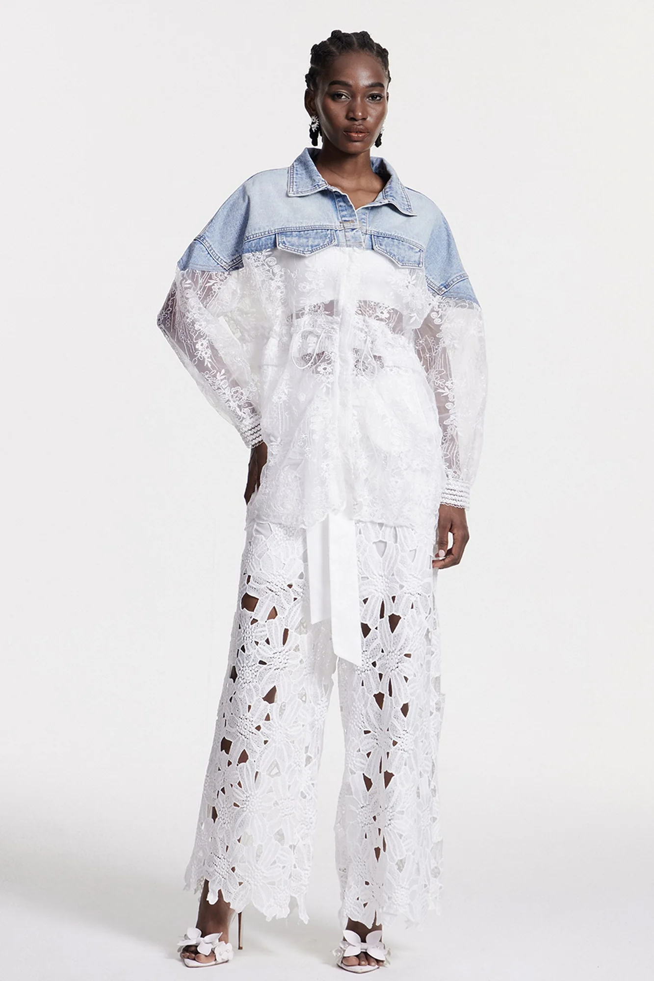 Lace Embroidered Denim Jacket - Stylish Blue Outerwear