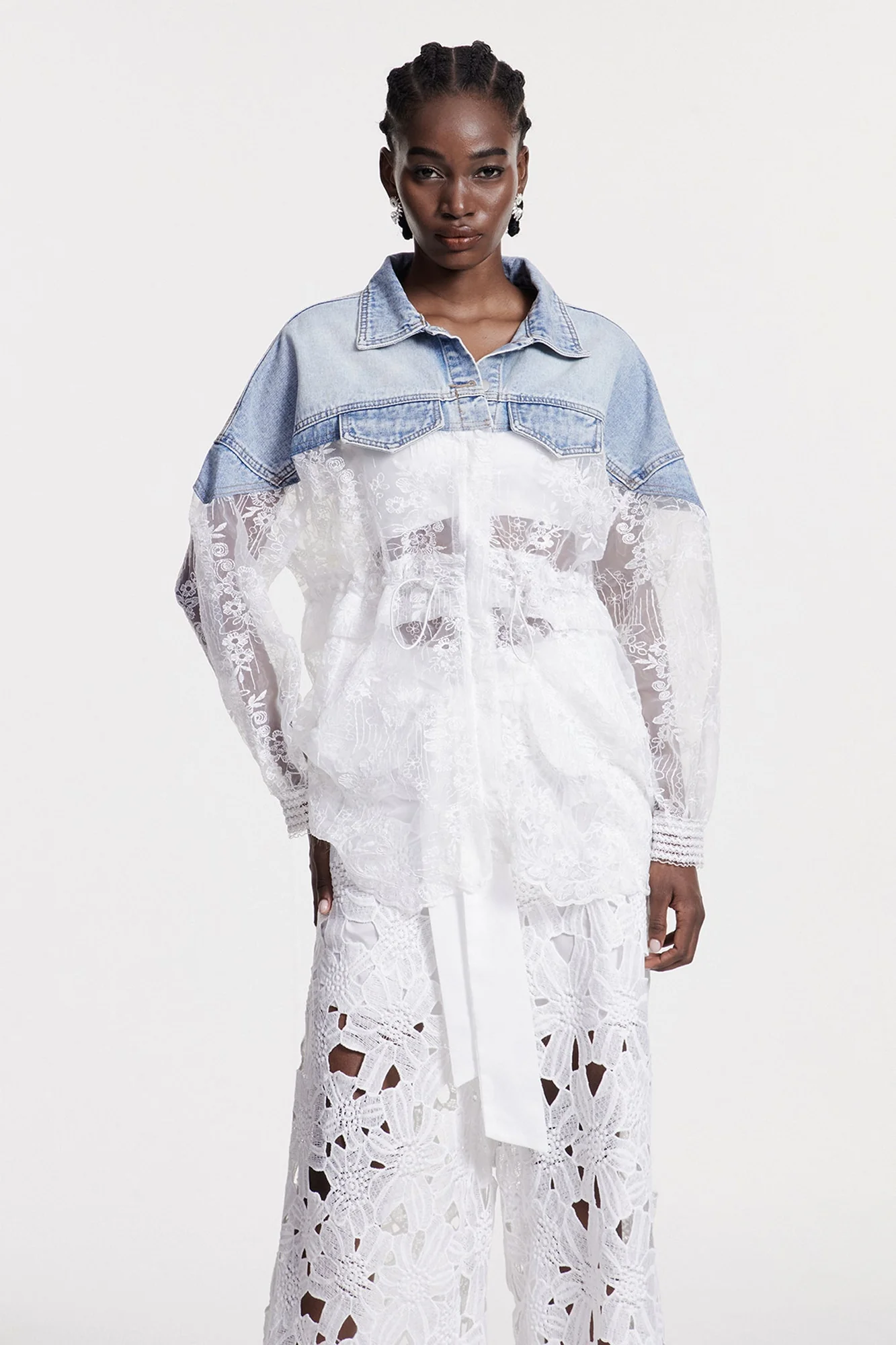 Lace Embroidered Denim Jacket - Stylish Blue Outerwear