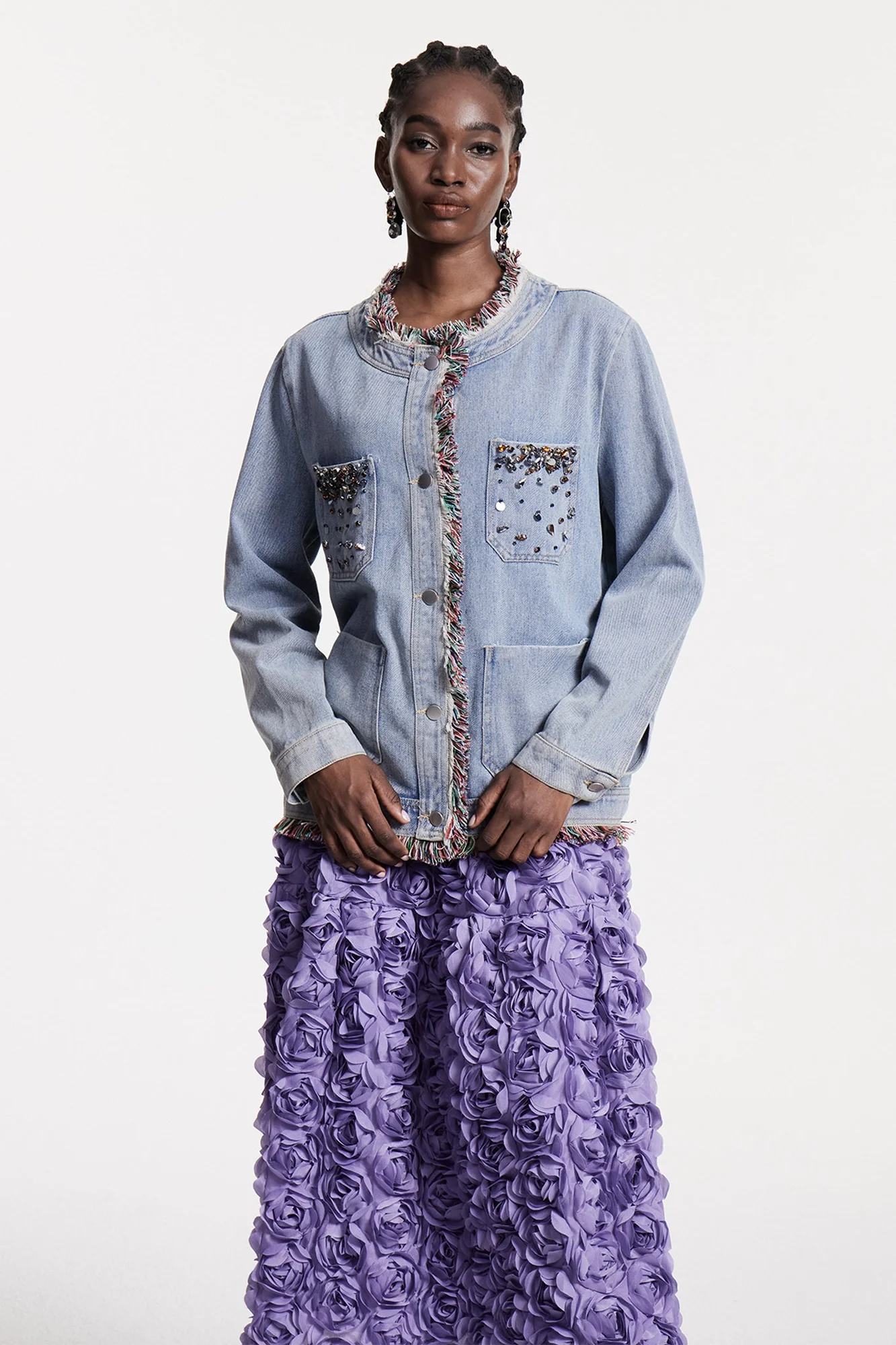 Denim Fringe Adorned Jacket Blue Boho Style