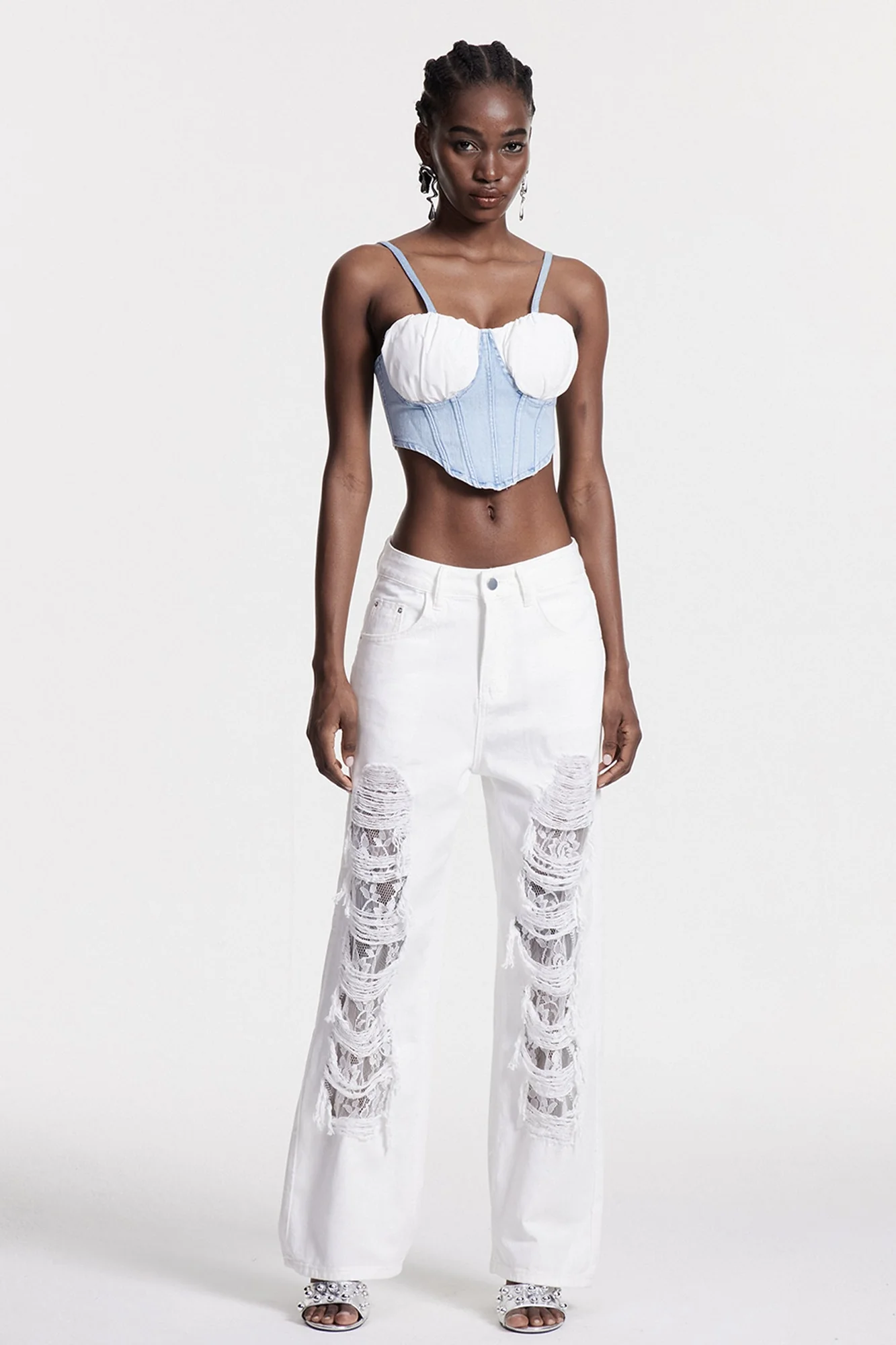 Lace Detail Distressed Jeans - Premium Denim