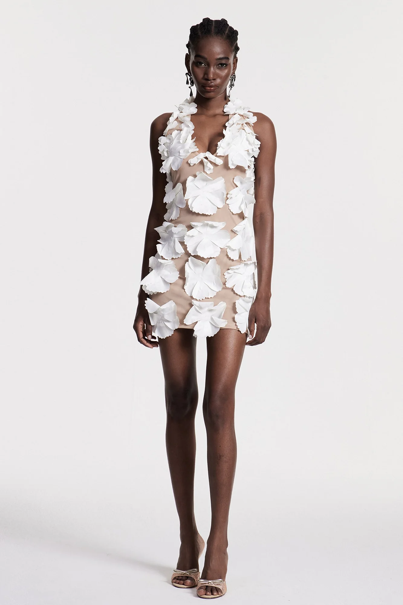 White Floral Mesh Halter Neck Mini Dress