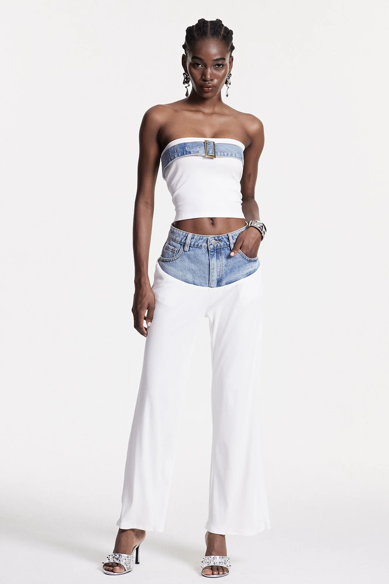 White Knit Set with Strapless Top and Pants