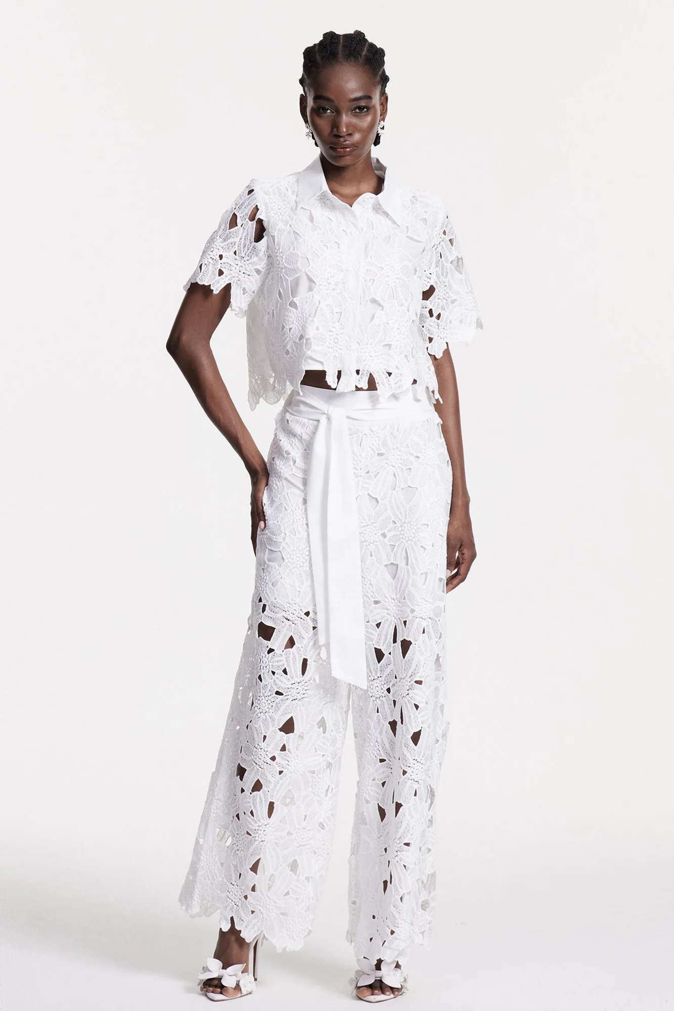 White Floral Cutout Pants Set