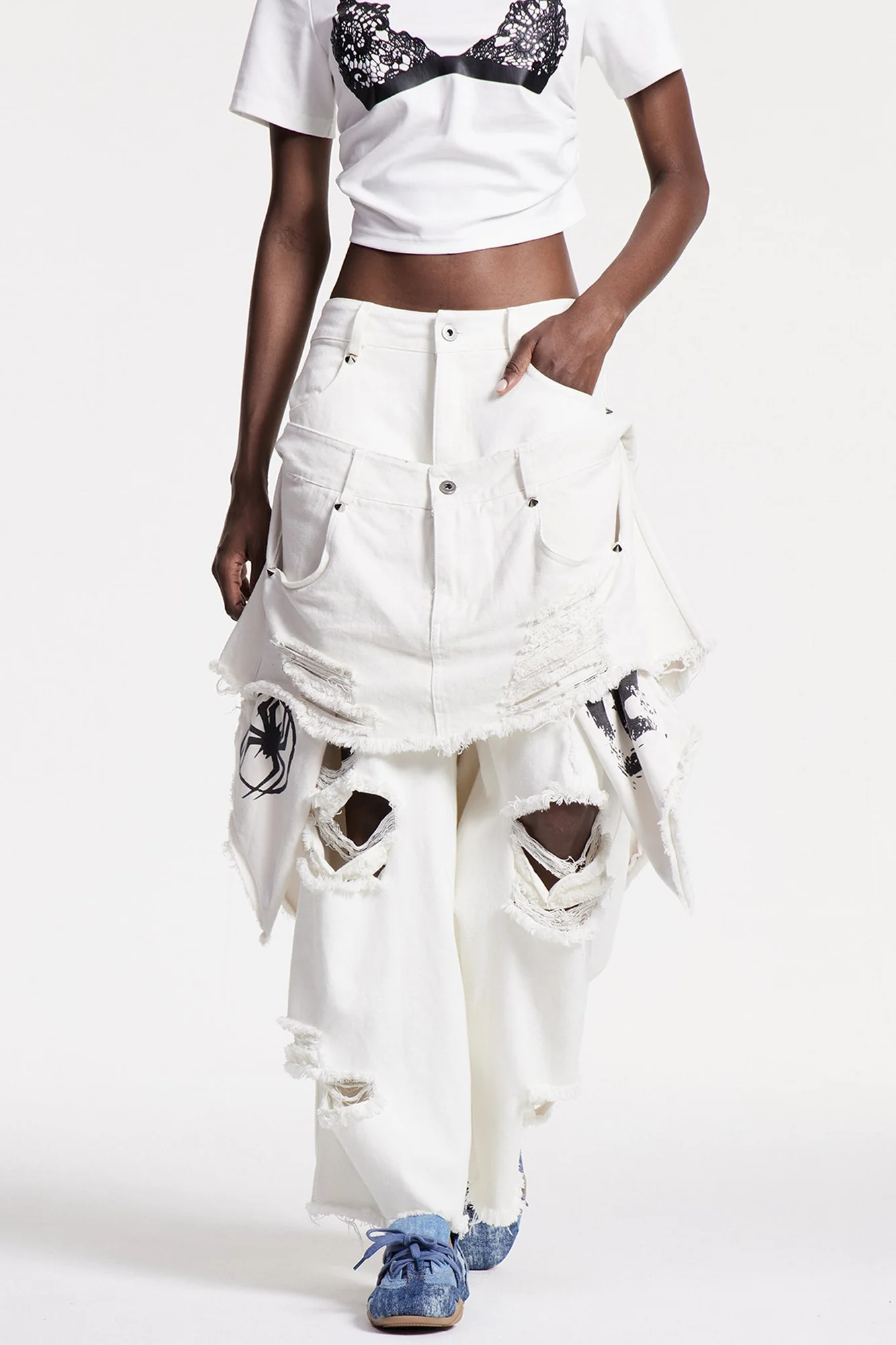 White Deconstruct Ripped Jeans Mens Urban Style