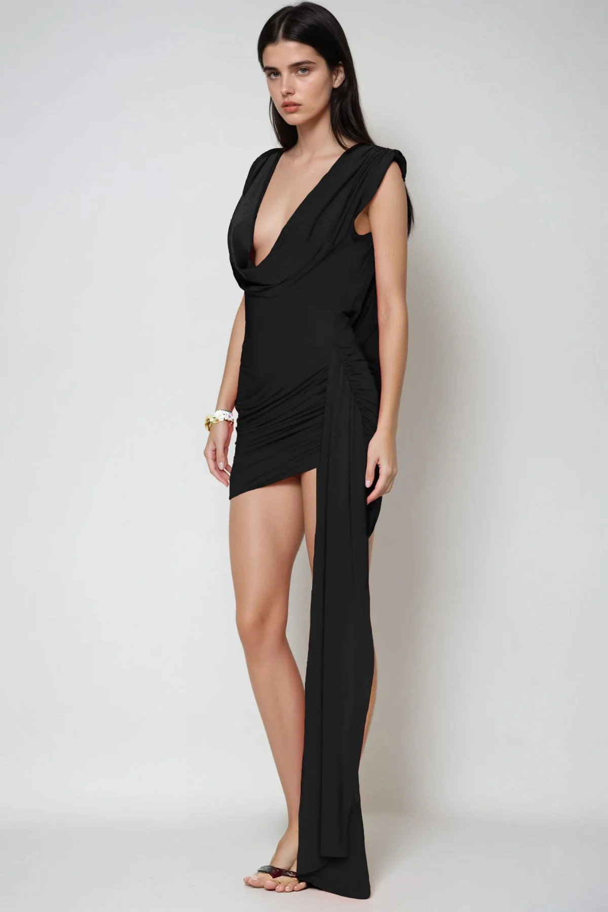 Black Fringe Cowl Neck Mini Dress - Versatile Evening Statement