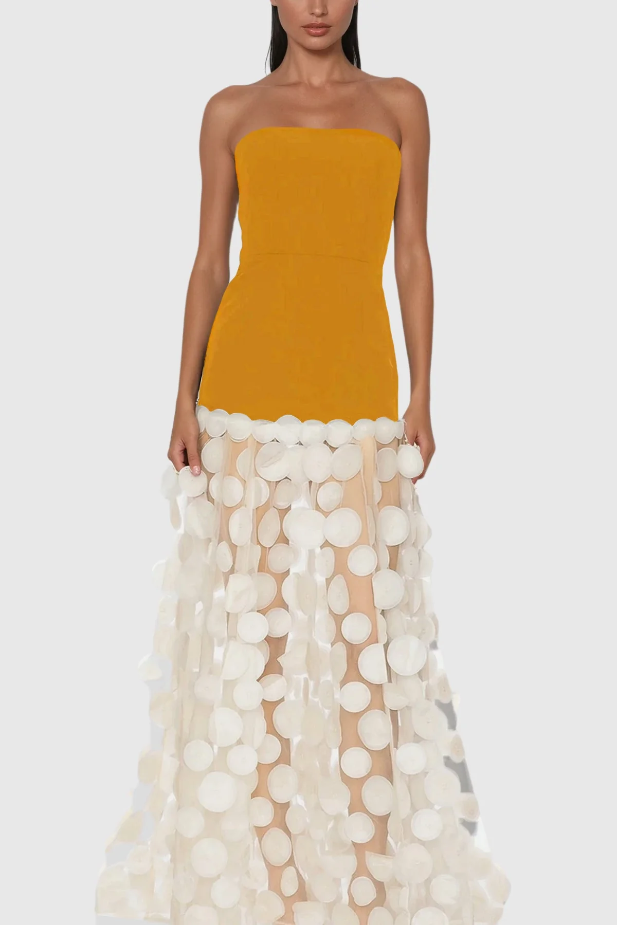 Yellow Strapless Maxi Dress for Women - Elegant Dot Pattern