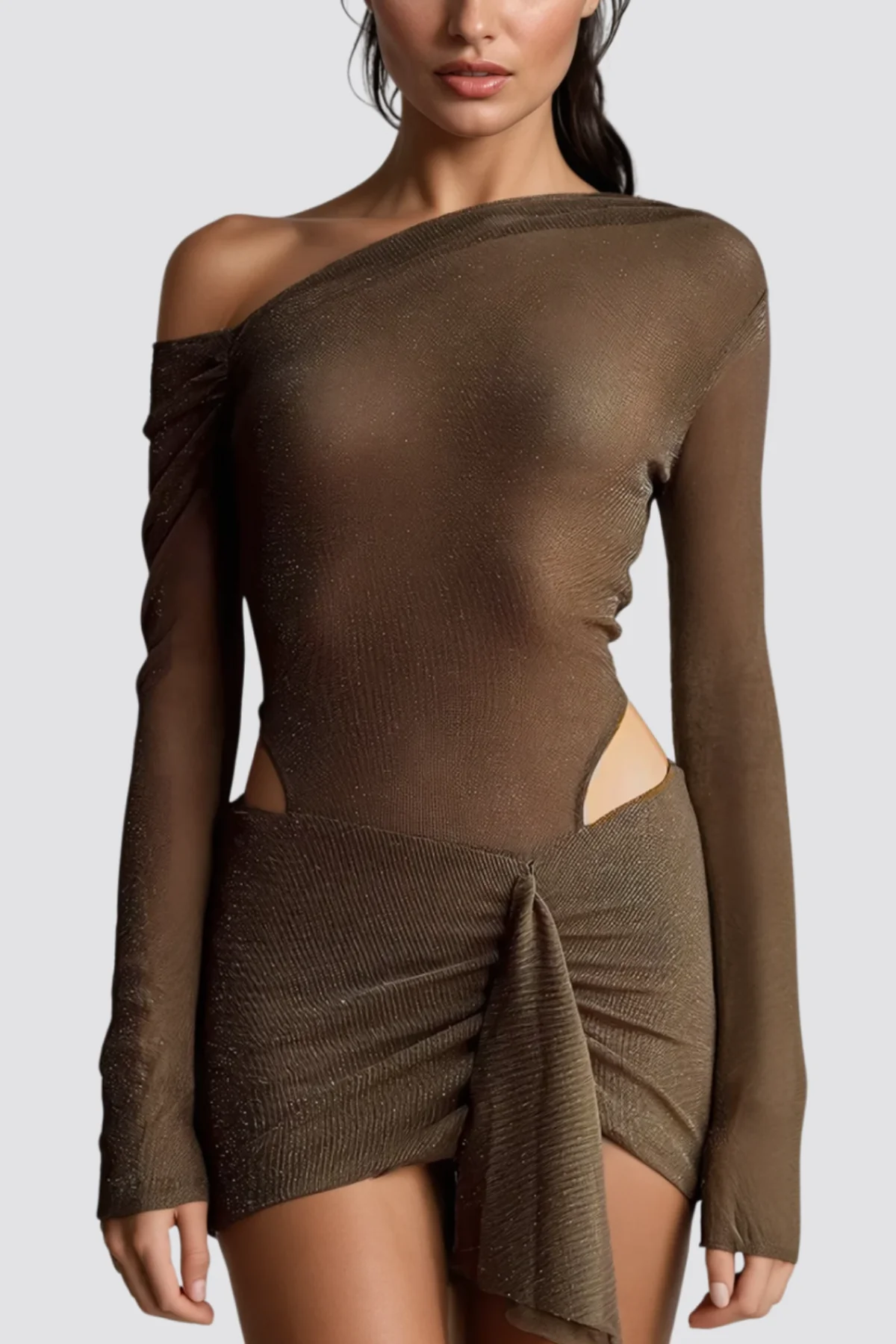 Brown Sequin Asymmetric Mini Dress