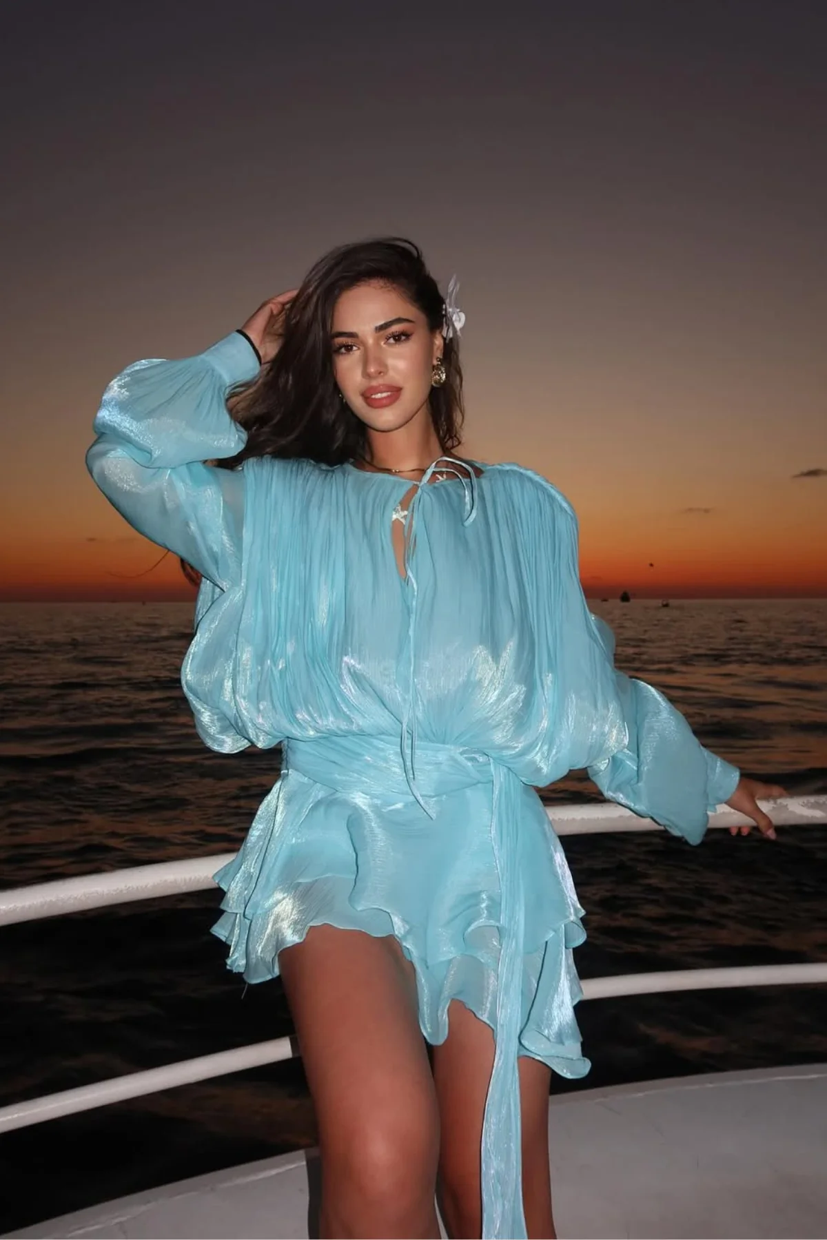 Baby Blue Balloon Sleeve Ruch Ruffle Mini Dress - Elegant Style