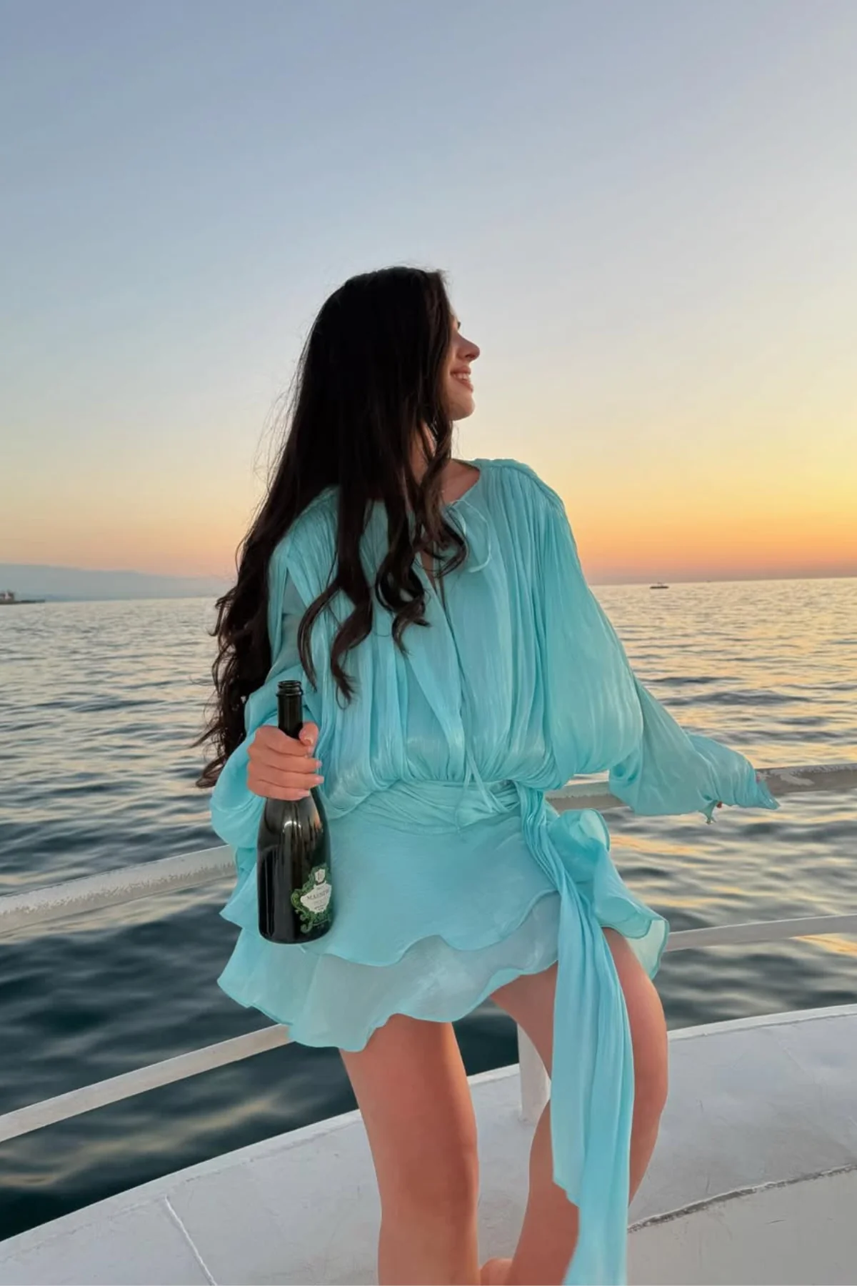 Baby Blue Balloon Sleeve Ruch Ruffle Mini Dress - Elegant Style