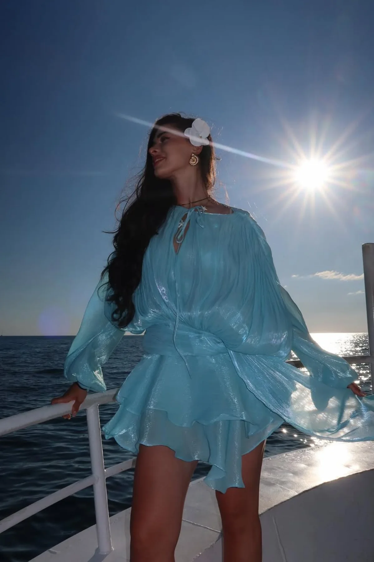 Baby Blue Balloon Sleeve Ruch Ruffle Mini Dress - Elegant Style