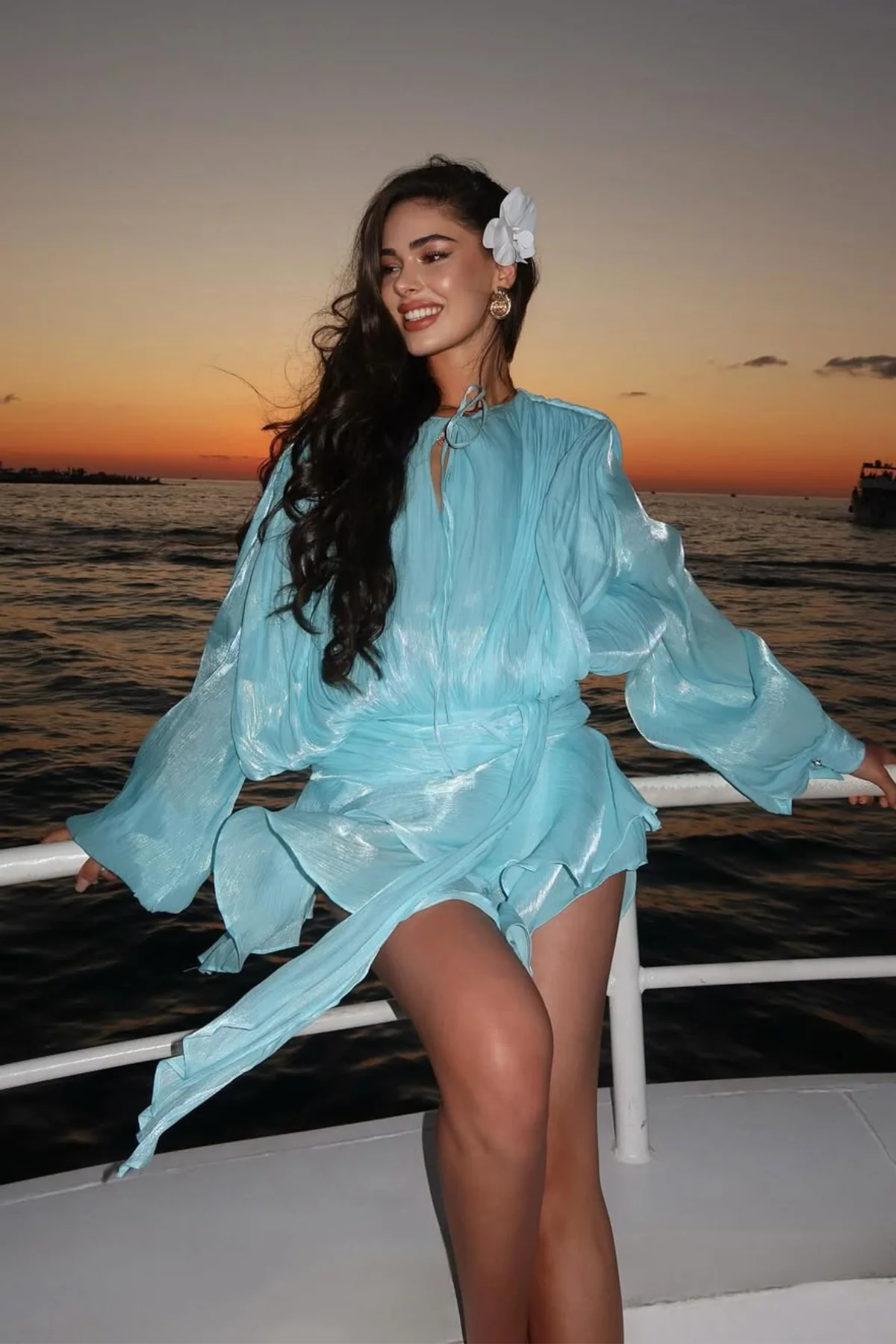 Baby Blue Balloon Sleeve Ruch Ruffle Mini Dress - Elegant Style