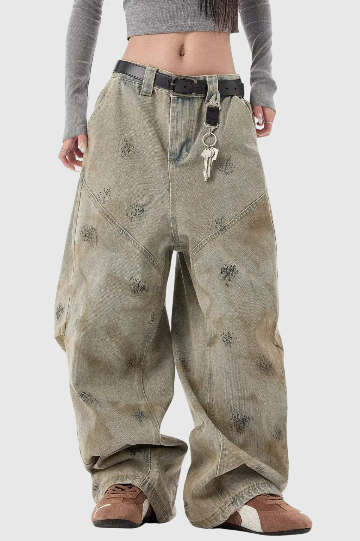 Khaki Printed Baggy Jeans for Trendy Comfort