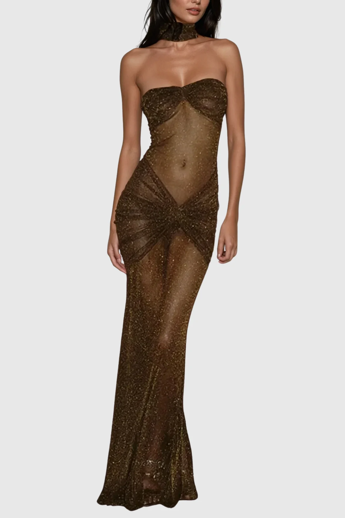 Brown Sequin Maxi Dress - Elegant Strapless Design