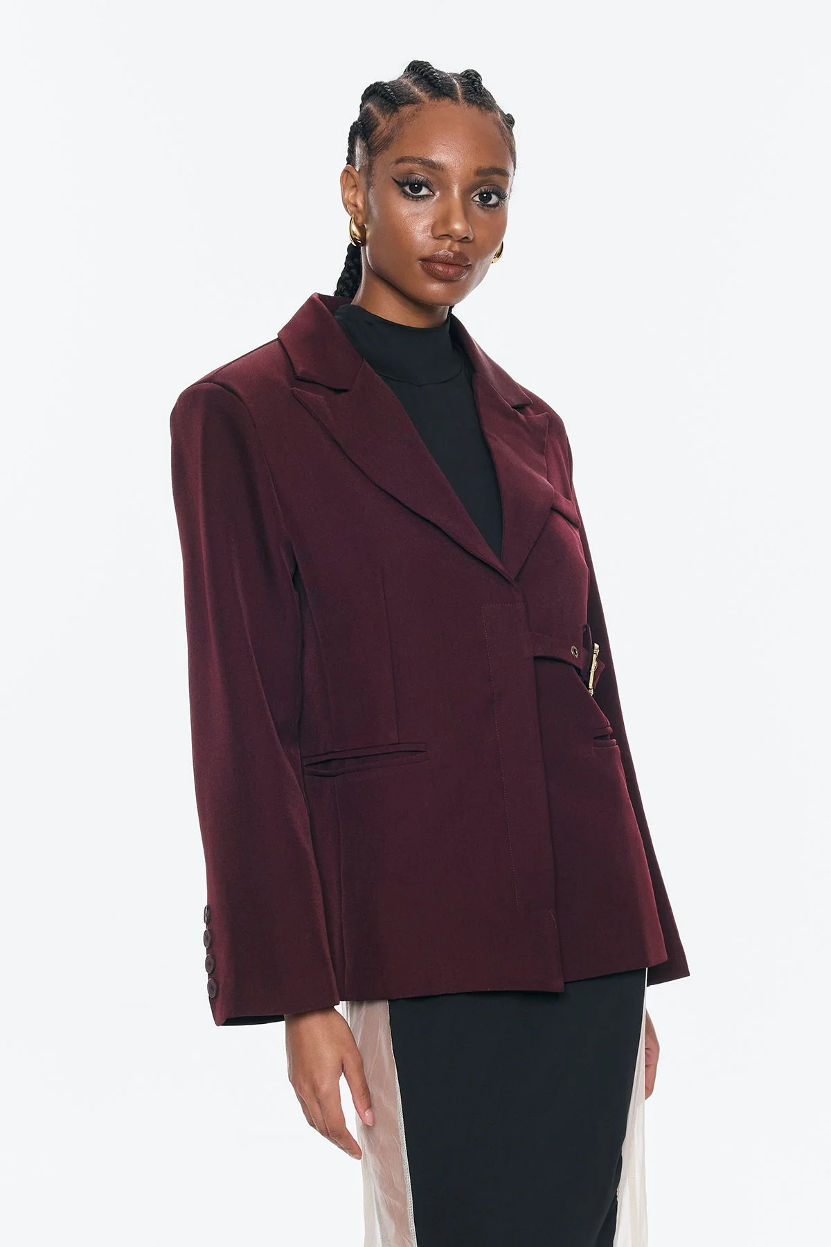 Red Asymmetric Buckle Blazer for Women