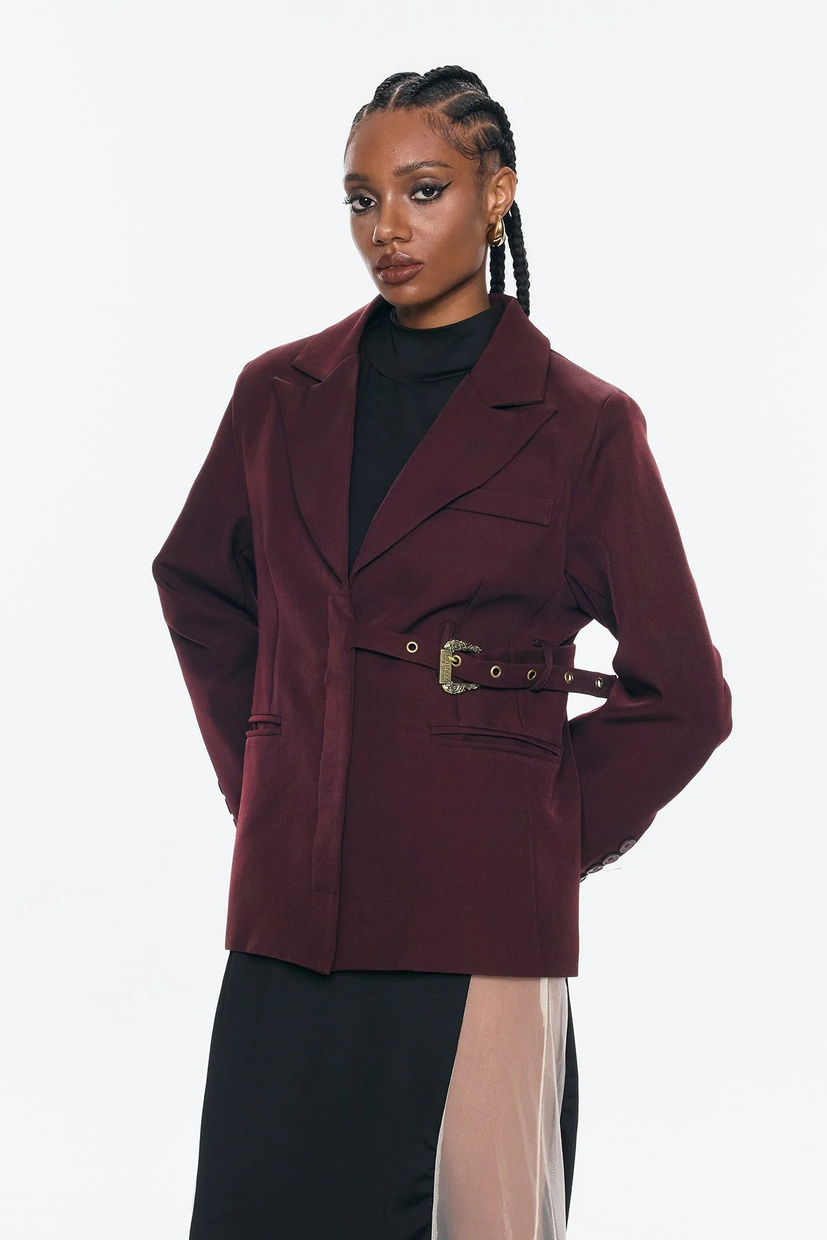 Red Asymmetric Buckle Blazer for Women