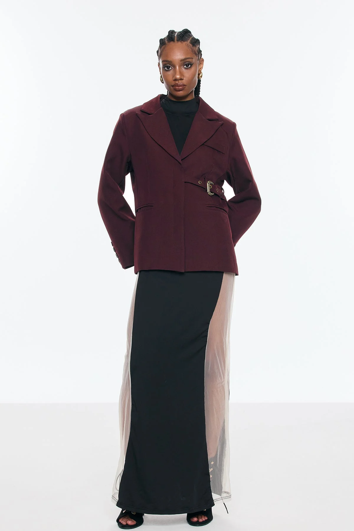 Red Asymmetric Buckle Blazer for Women