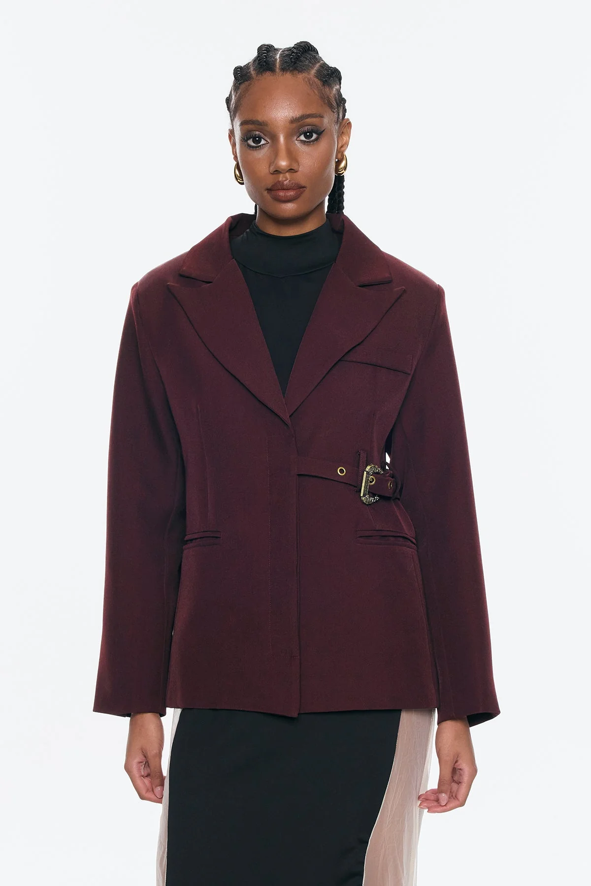 Red Asymmetric Buckle Blazer for Women