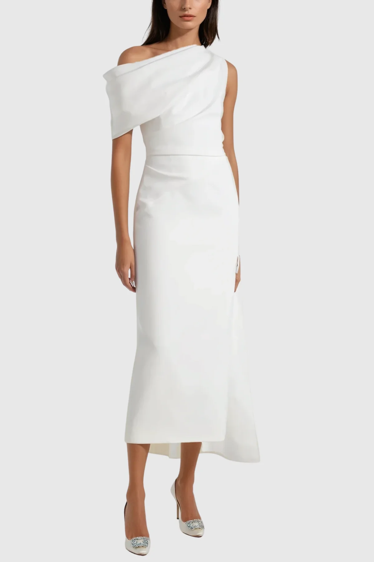Elegant White Asymmetric Midi Dress with Ruched Details