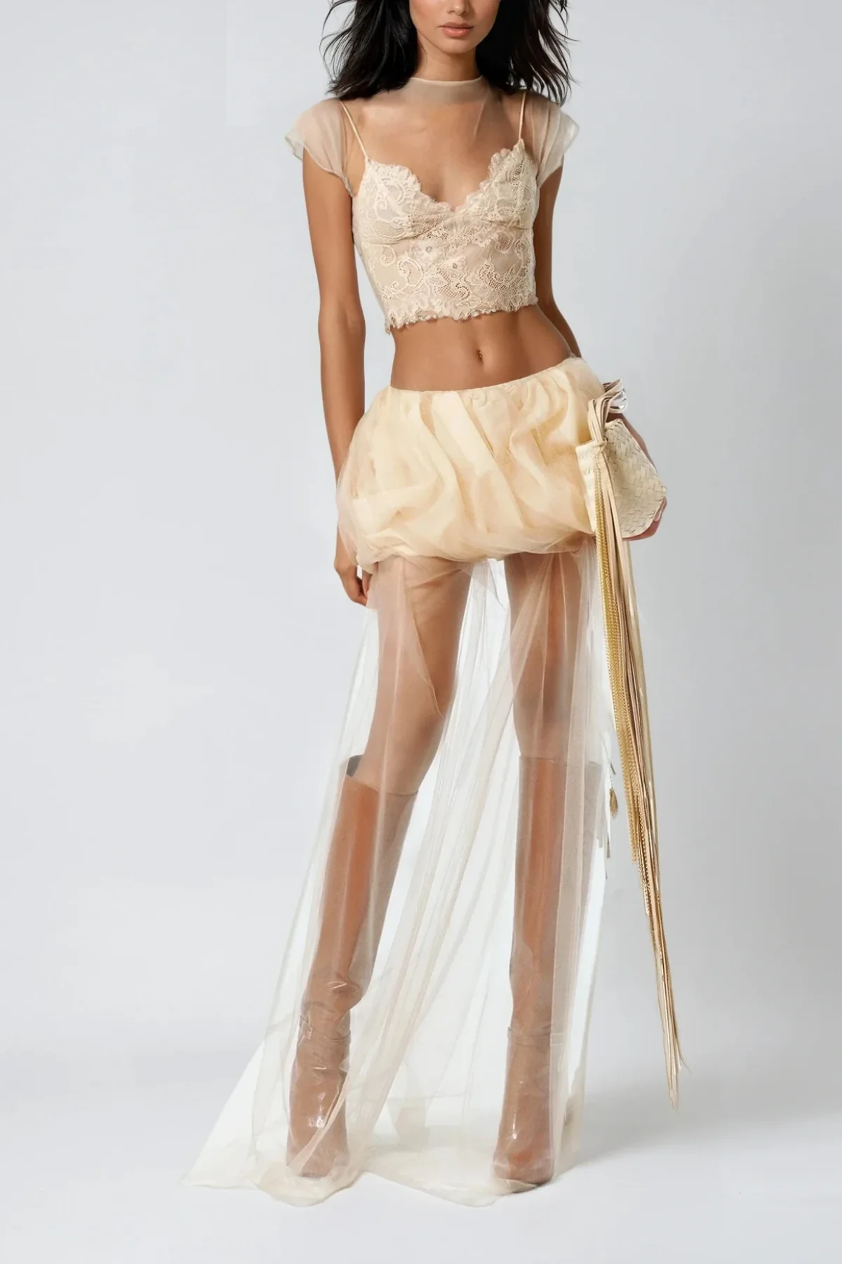 Elegant Lace Mesh Skirt Set in Apricot Color