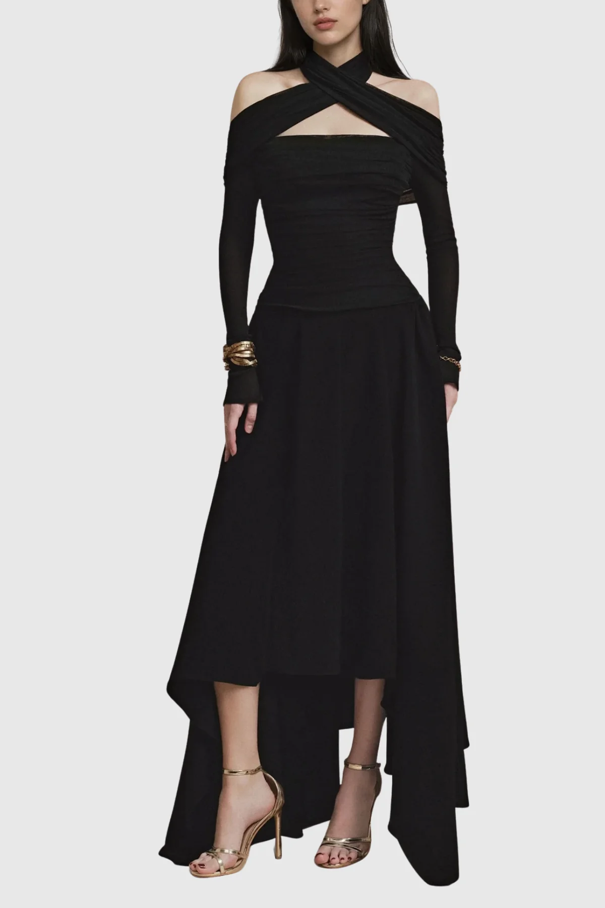 Chic Black Asymmetric Ruffle Maxi Dress